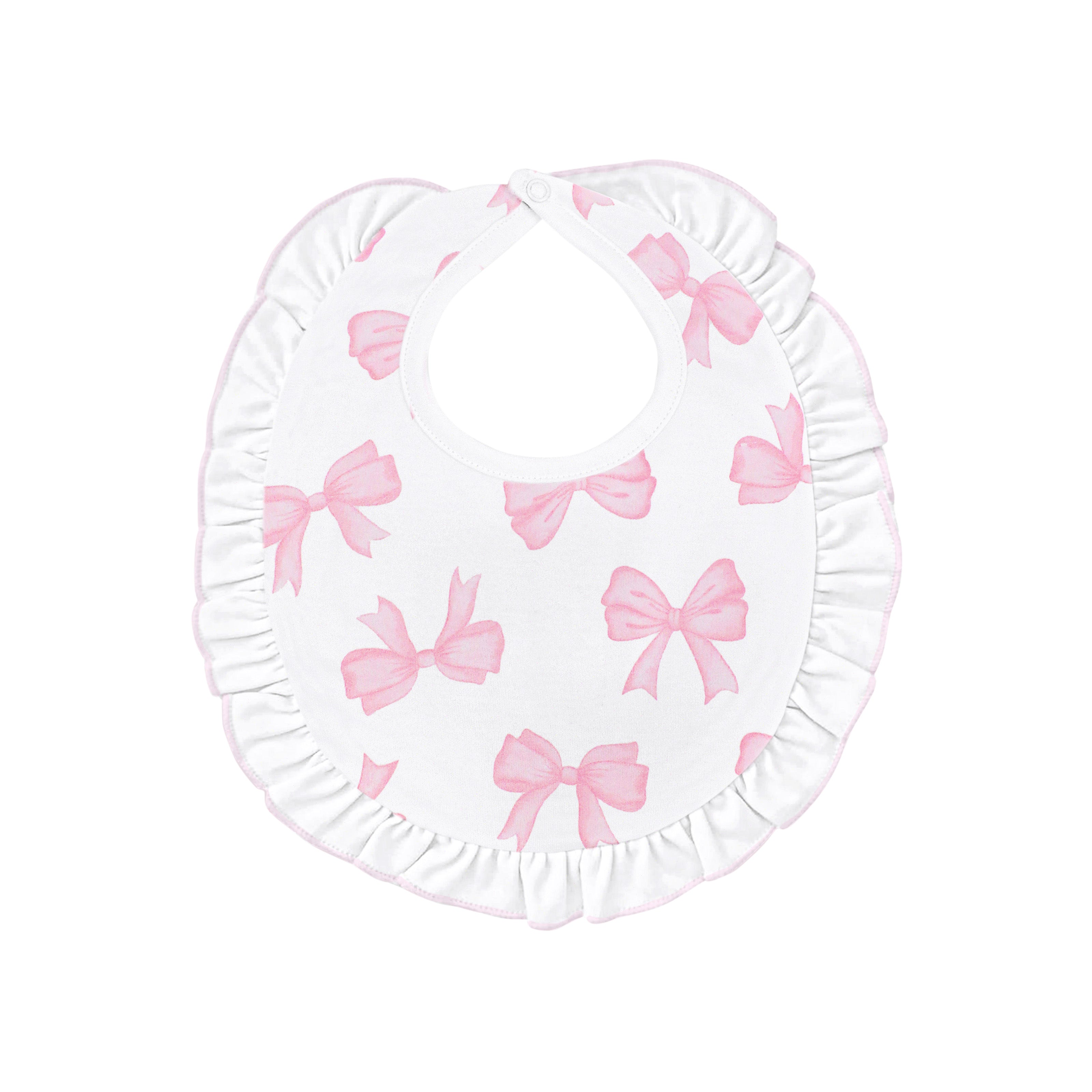  Delicate baby girl bib printed with watercolor bows on soft, breathable Peruvian Pima cotton — gentle on delicate skin.