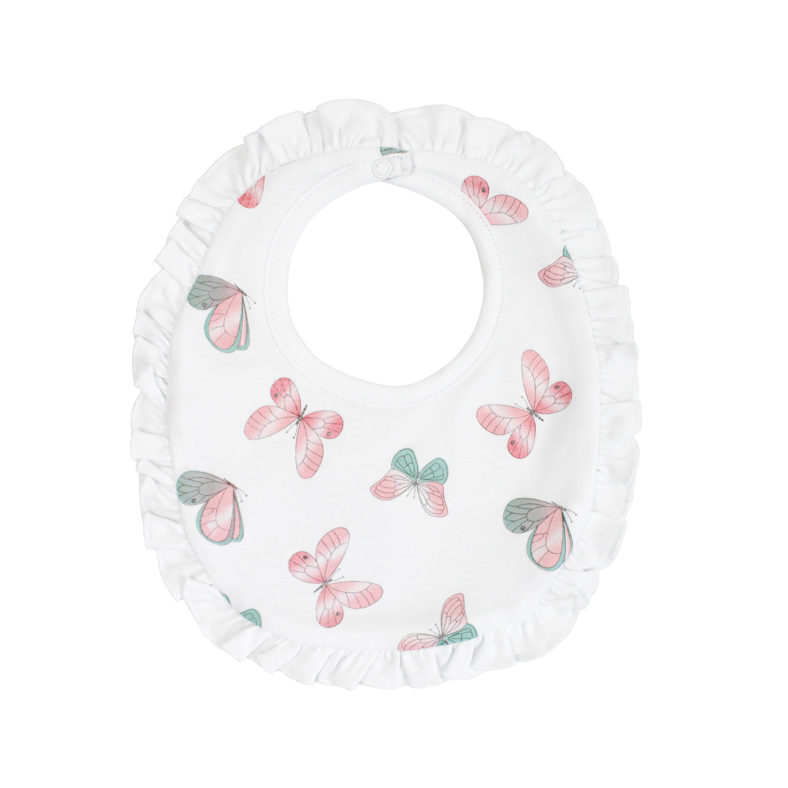  Lovely baby girl bib printed with watercolor butterflies on premium Peruvian Pima cotton — soft, breathable, and baby-friendly.
