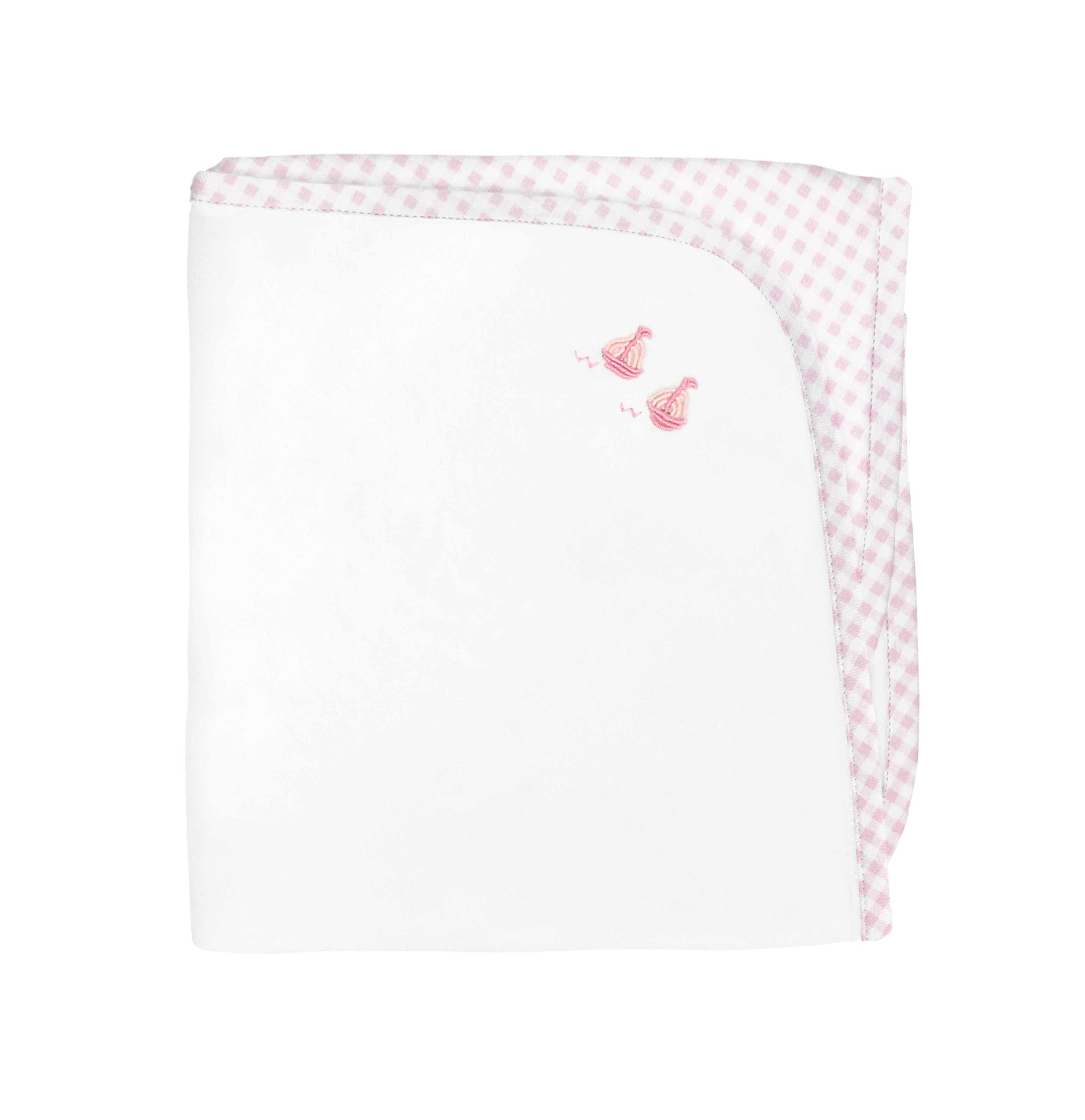 Luxury baby girl blanket in Peruvian Pima cotton with hand-embroidered and printed pink sailboats — soft, breathable, and perfect for newborn comfort.
