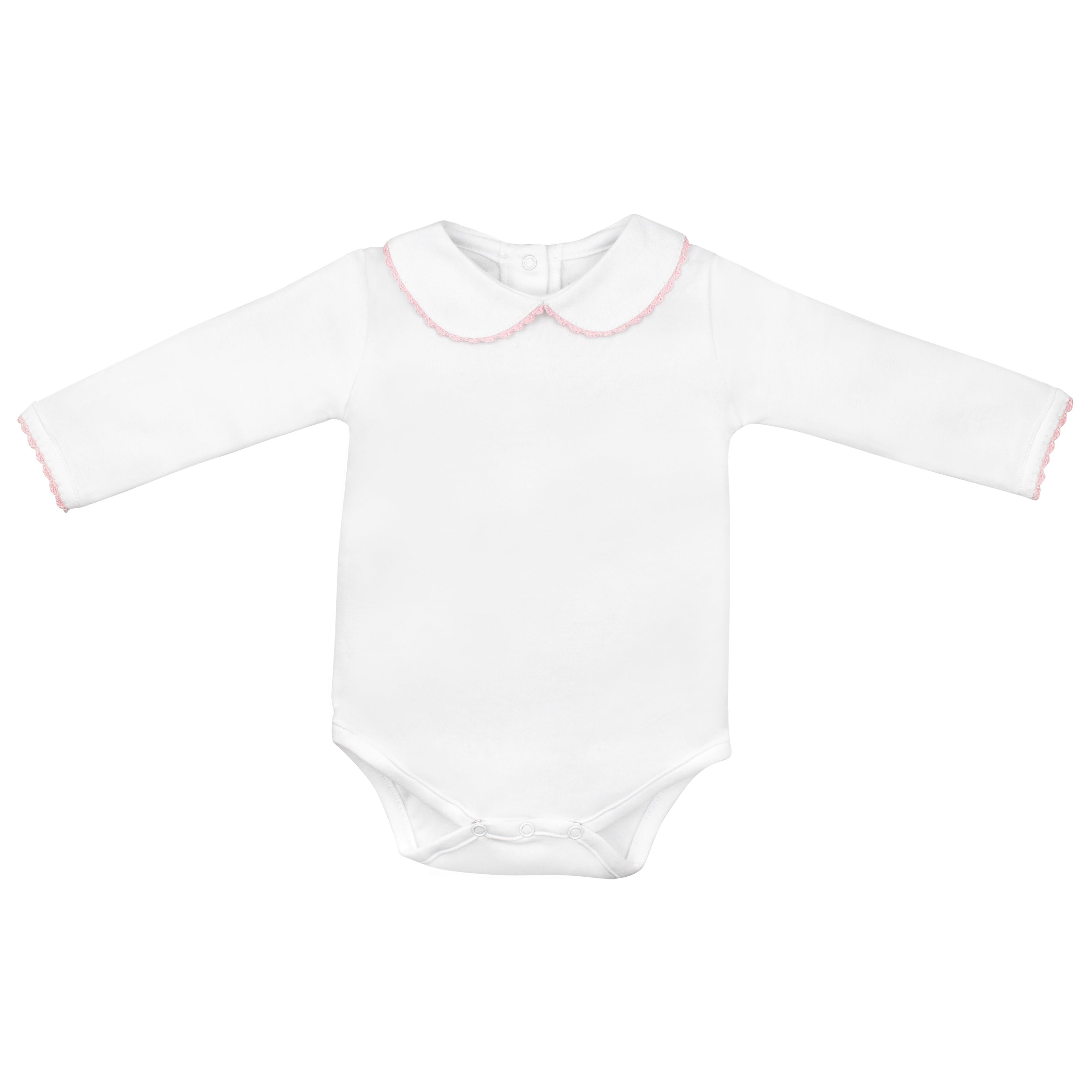 Luxury baby girl body in Peruvian Pima cotton with pink crochet collar and cuffs, long sleeves, snap closures