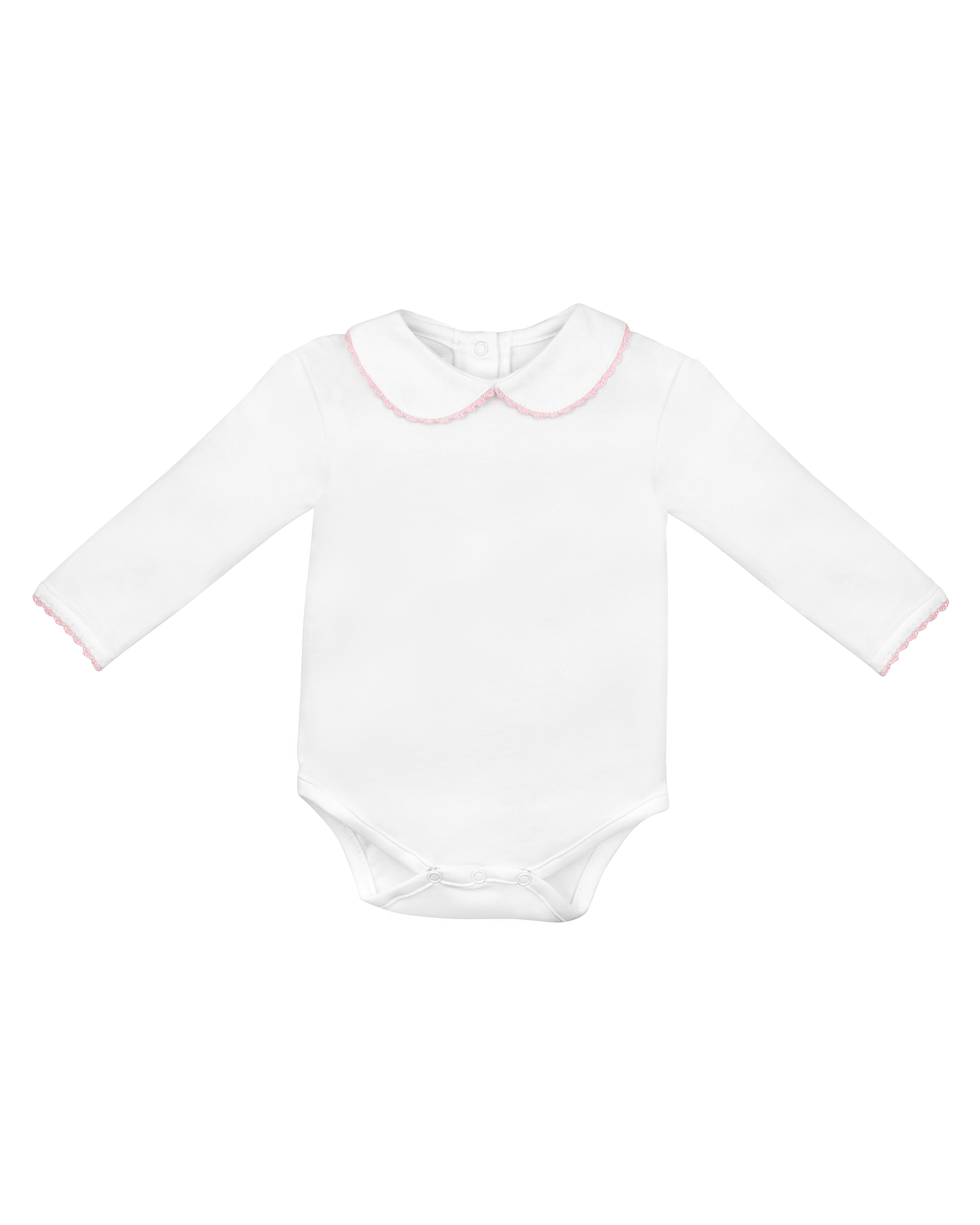 Luxury baby girl body in Peruvian Pima cotton with pink crochet collar and cuffs, long sleeves, snap closures