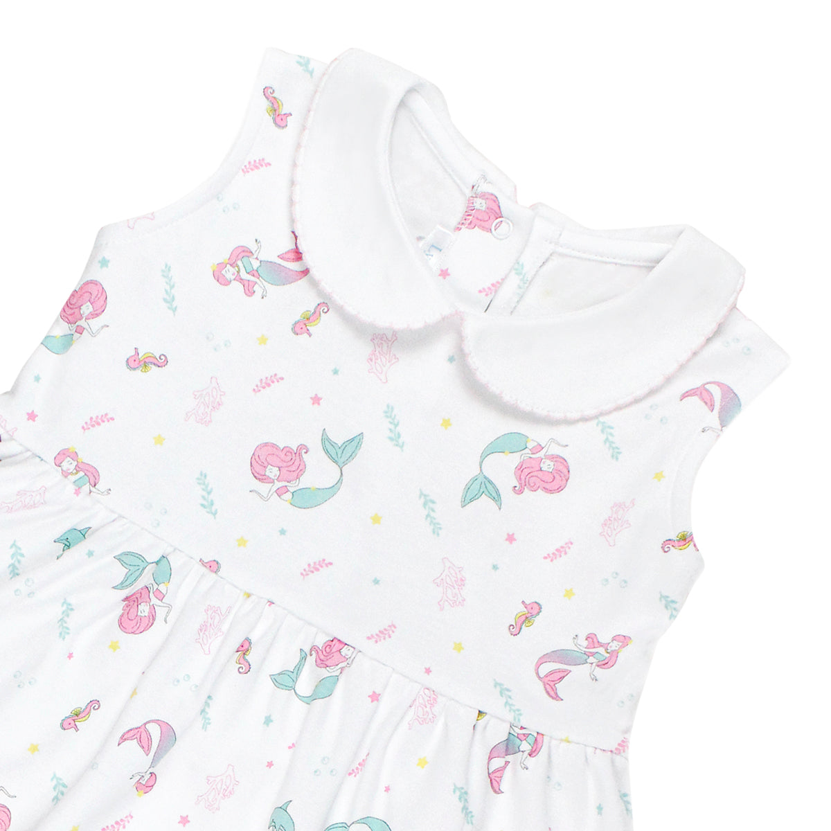 Luxury baby girl sleeveless dress with round crochet collar and tiny mermaid print, made from 100% Peruvian Pima cotton