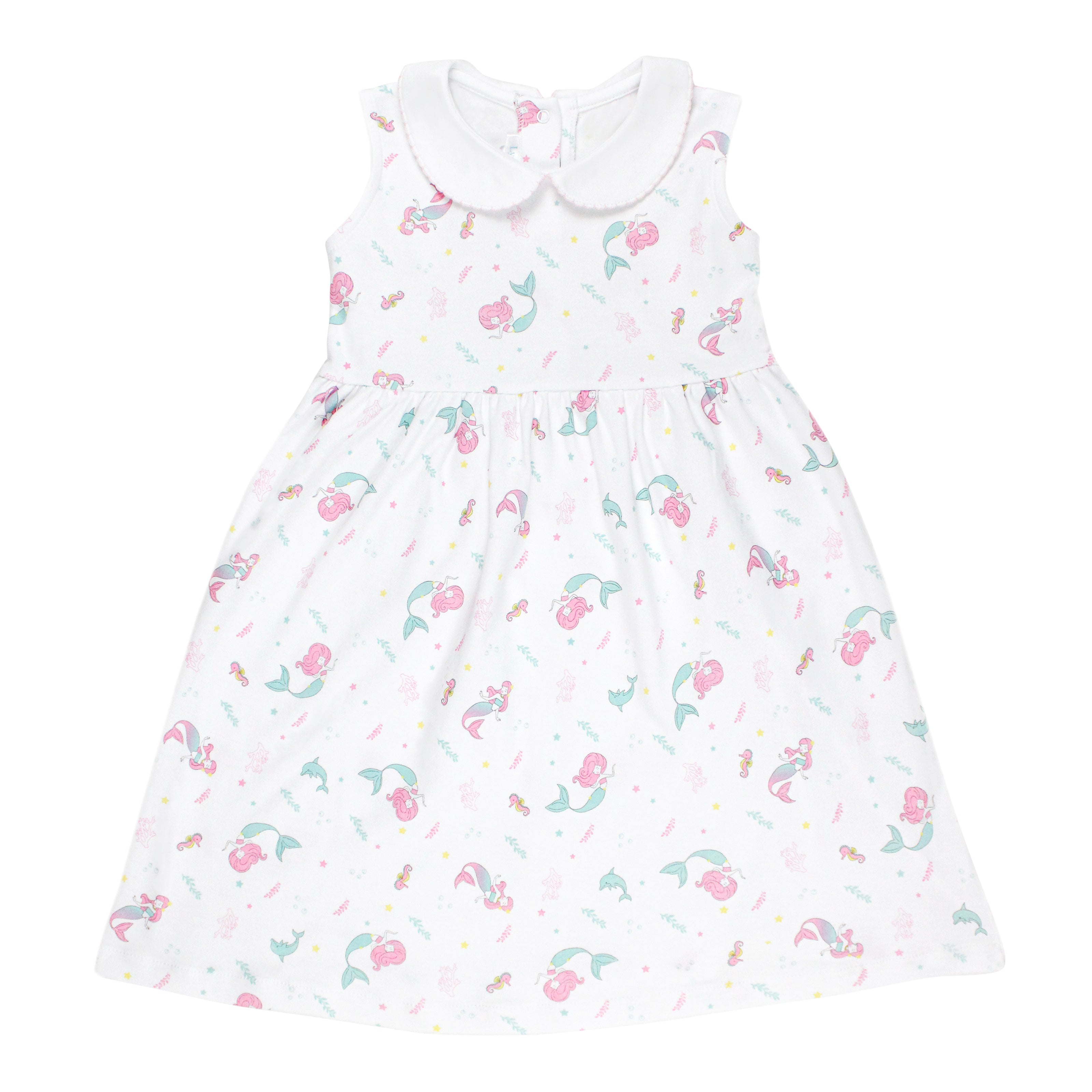 Luxury baby girl sleeveless dress with round crochet collar and tiny mermaid print, made from 100% Peruvian Pima cotton