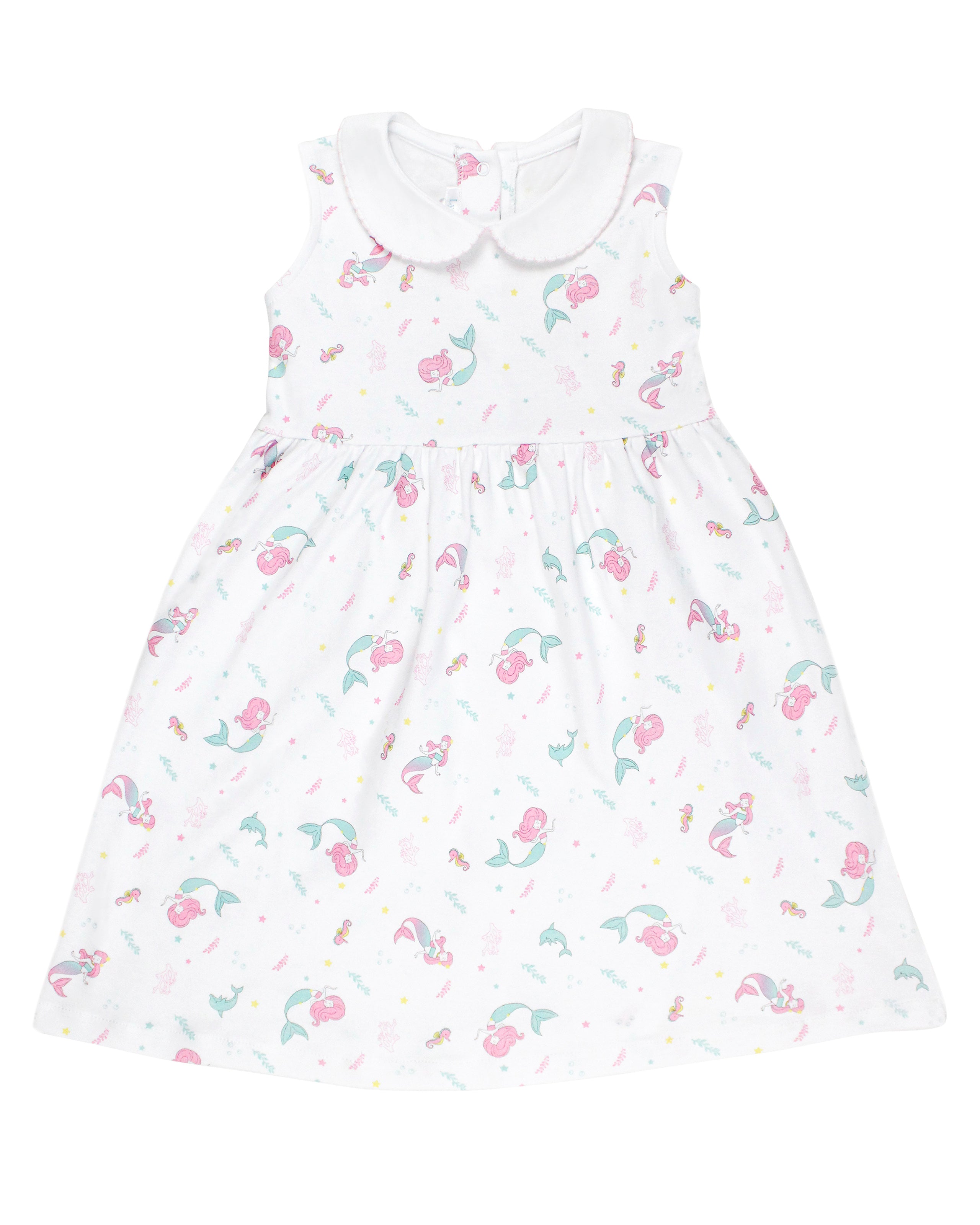 Luxury baby girl sleeveless dress with round crochet collar and tiny mermaid print, made from 100% Peruvian Pima cotton