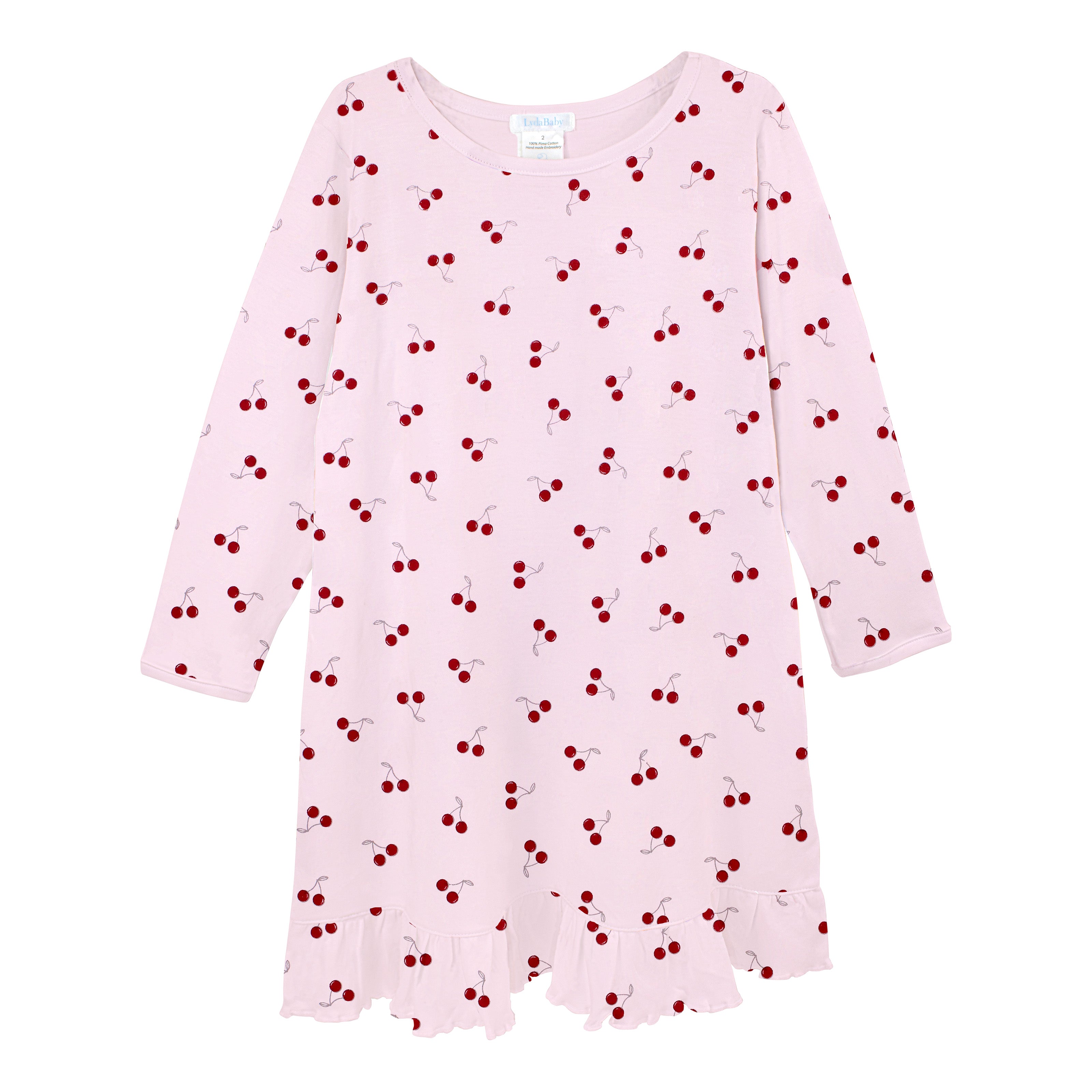 Luxury baby girl dress in pink Peruvian Pima cotton with all-over cherry print, soft and breathable newborn outfit.