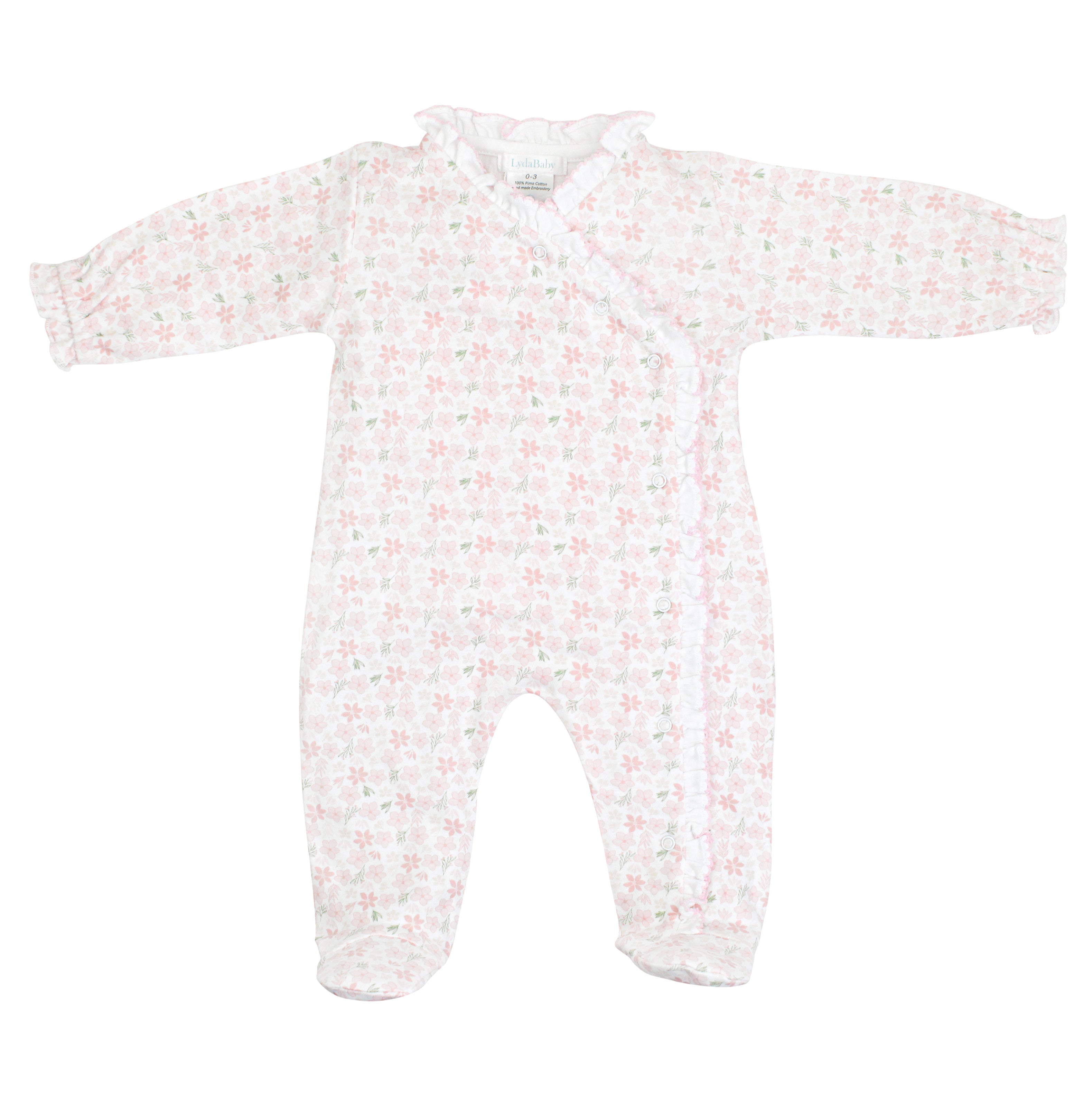  Elegant baby girl footie printed with winter blooming flowers on premium Peruvian Pima cotton — crafted for warmth, softness, and comfort.
