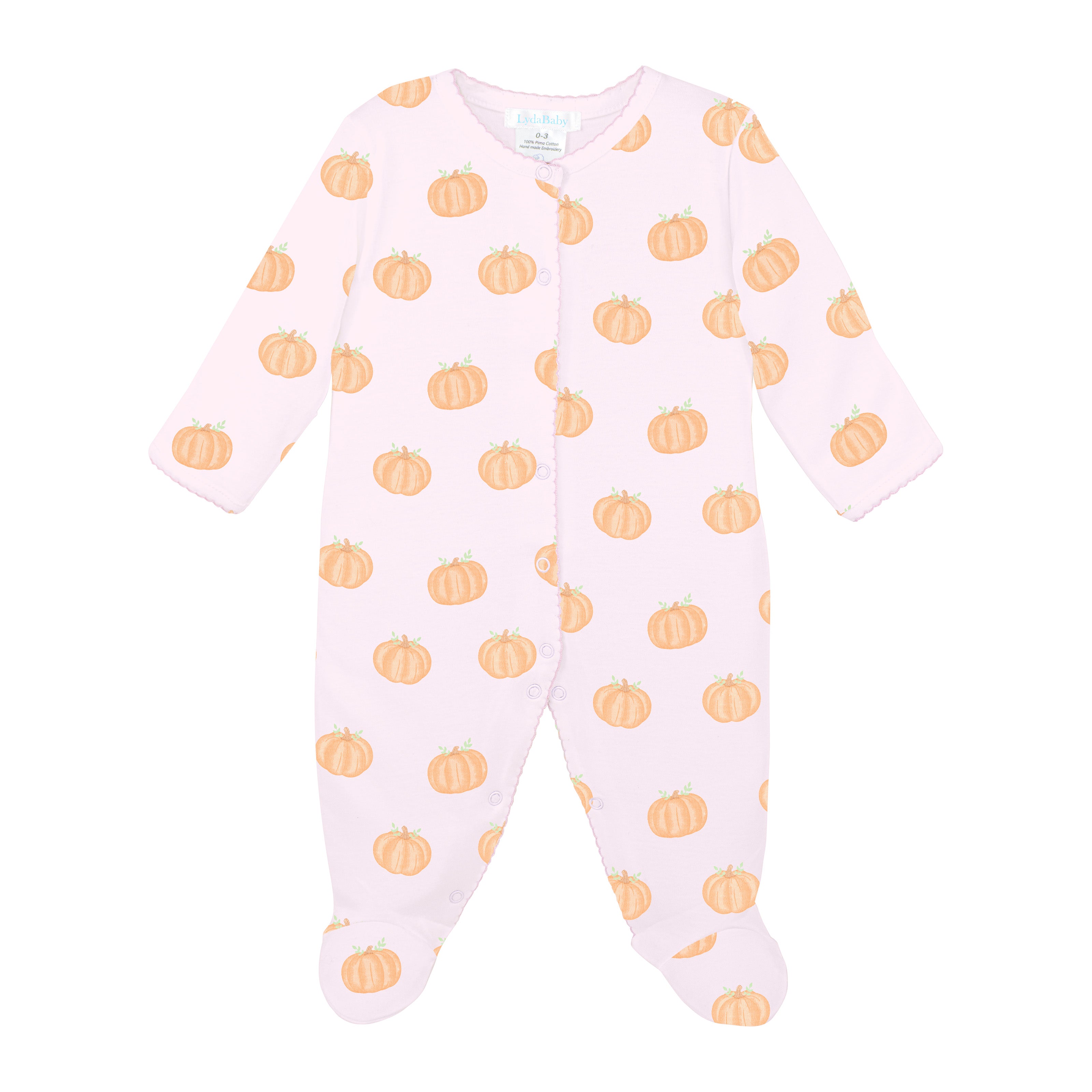 Luxury baby girl footie in soft pink Peruvian Pima cotton with playful orange pumpkin print, cozy and gentle for newborns, child