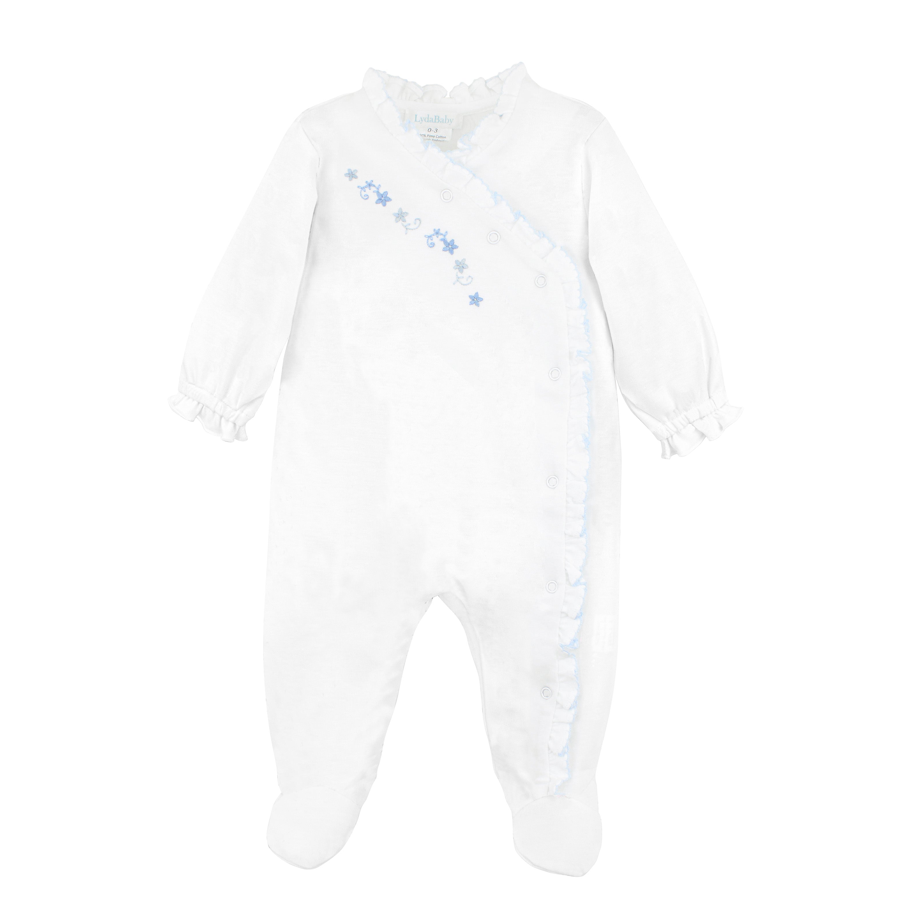  Elegant baby girl footie featuring hand-embroidered light blue antique flowers on premium Peruvian Pima cotton — timeless charm and comfort.
