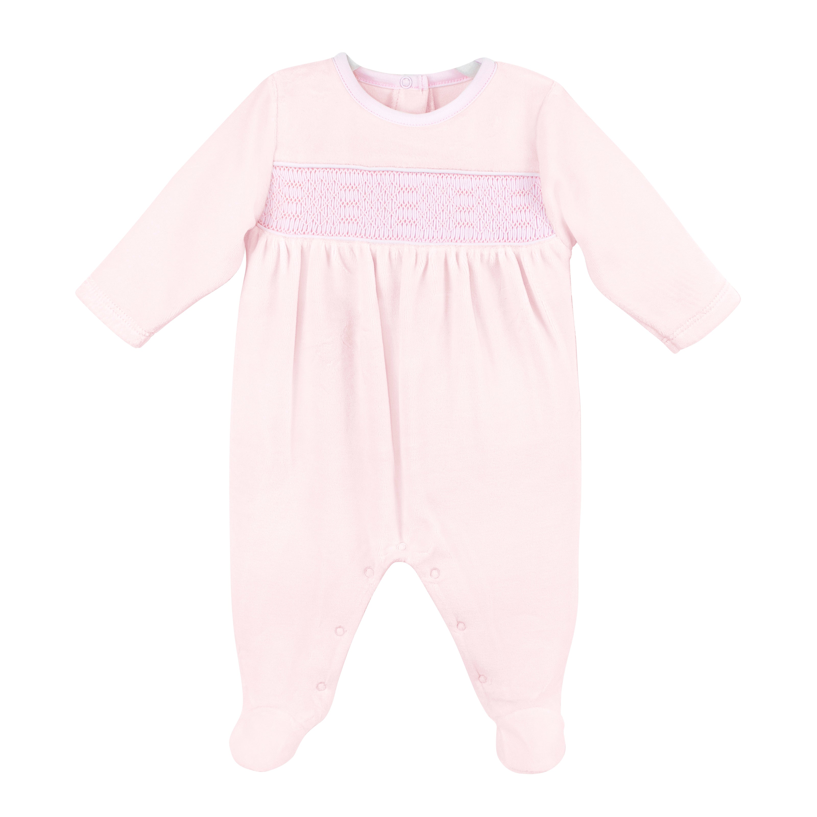 Luxury baby girl pink velour footie with hand-smocked chest, made from Peruvian Pima cotton