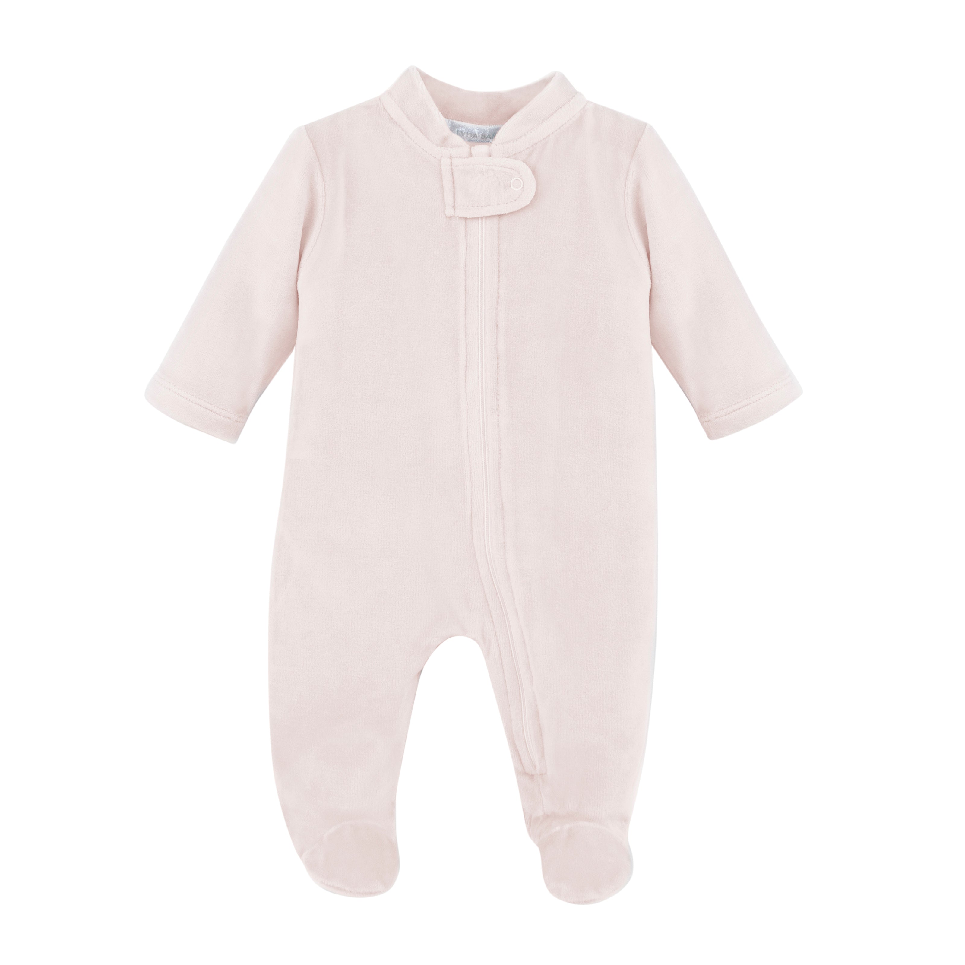 Luxury baby girl pink velour footie with front zipper, crafted from Peruvian Pima cotton blend for cozy and elegant style