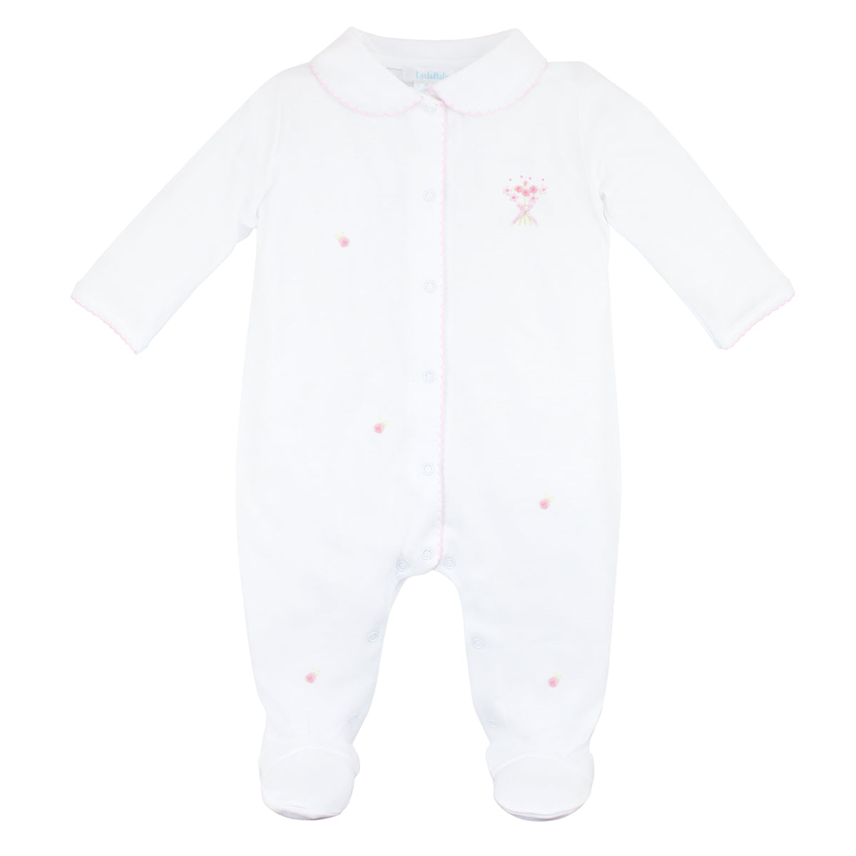 White baby girl footie with pink crochet on Peter Pan collar and snaps, floral bouquet embroidery on chest, and scattered tiny flowers.