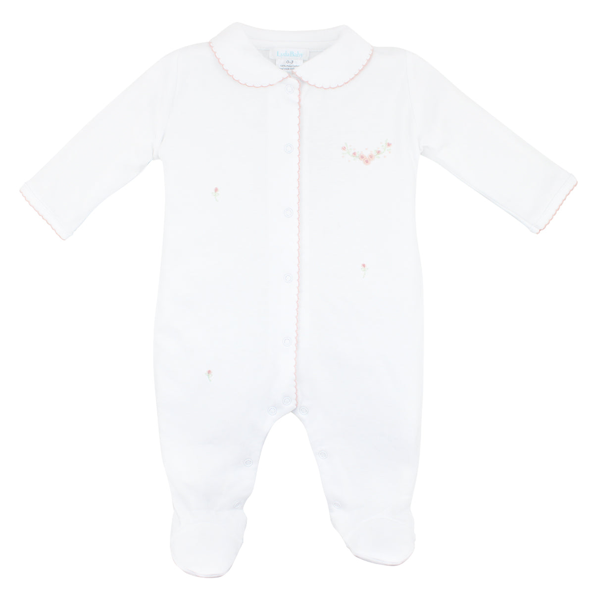 White luxury baby girl footie, Pima cotton, Peter Pan collar with pink crochet, hand-embroidered roses forming a V and scattered details.