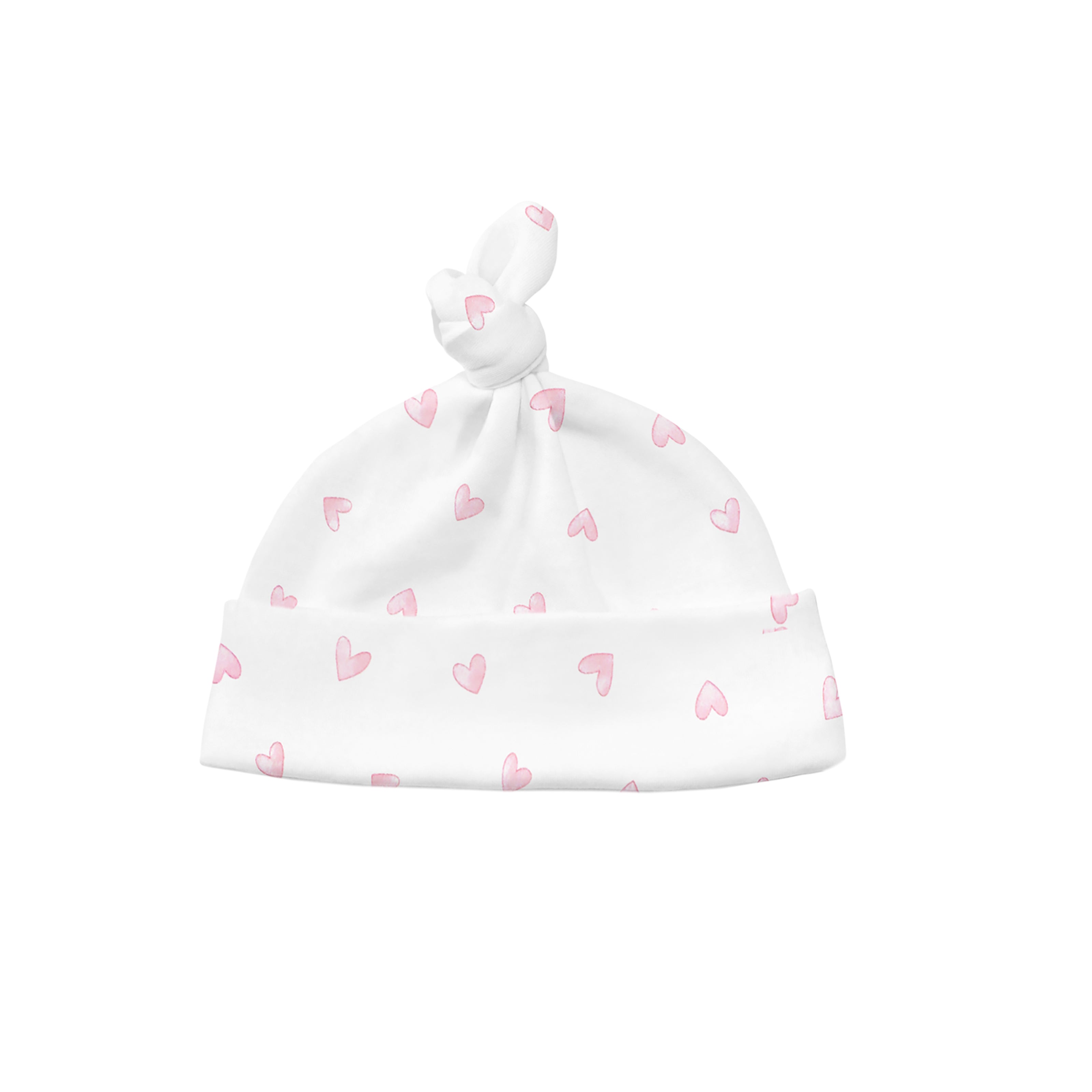 Luxury baby girl knot hat in Pima cotton with watercolor hearts print
