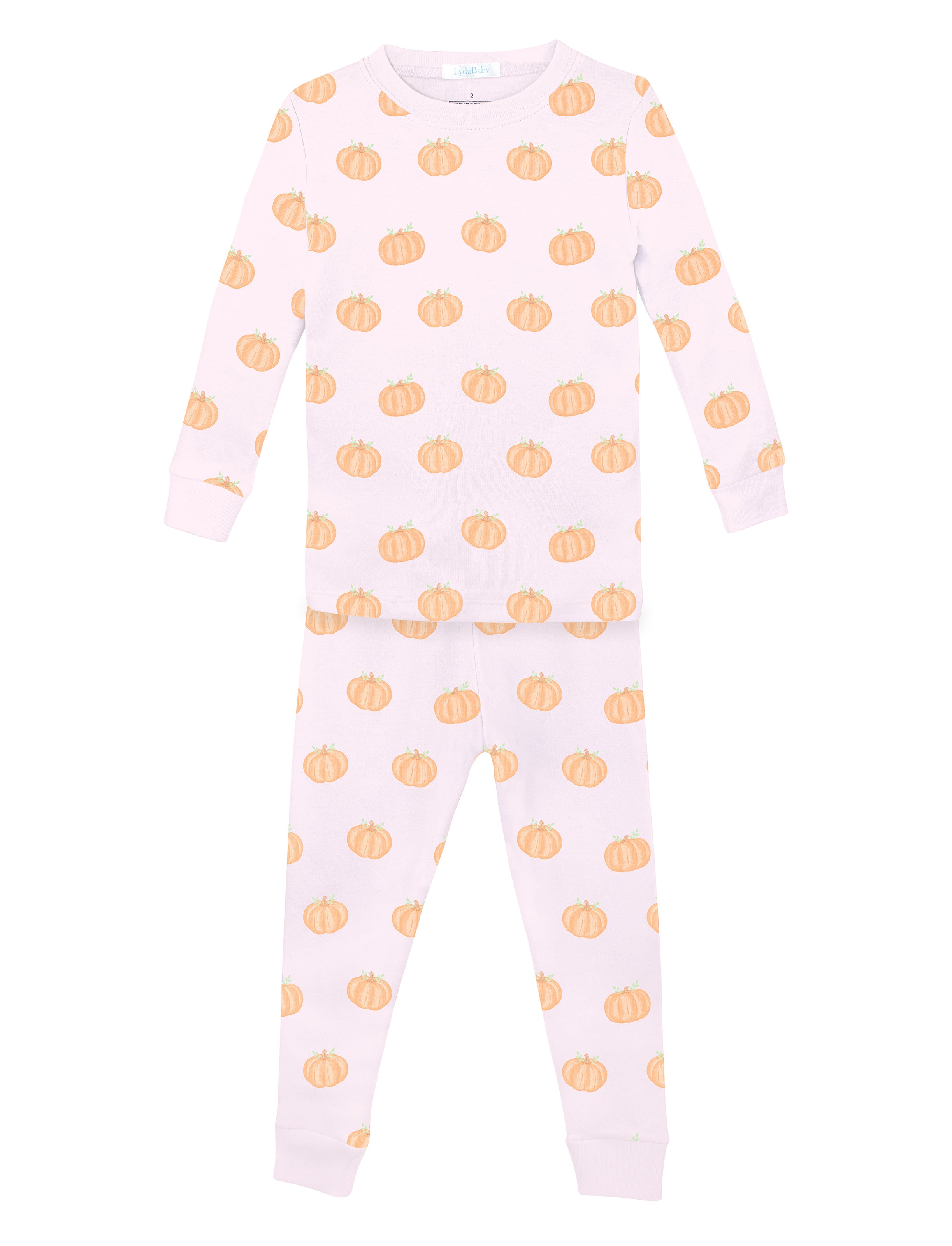 Luxury baby girl two-piece pajama set in pink Peruvian Pima cotton with adorable orange pumpkin print, soft and perfect for cozy nights.