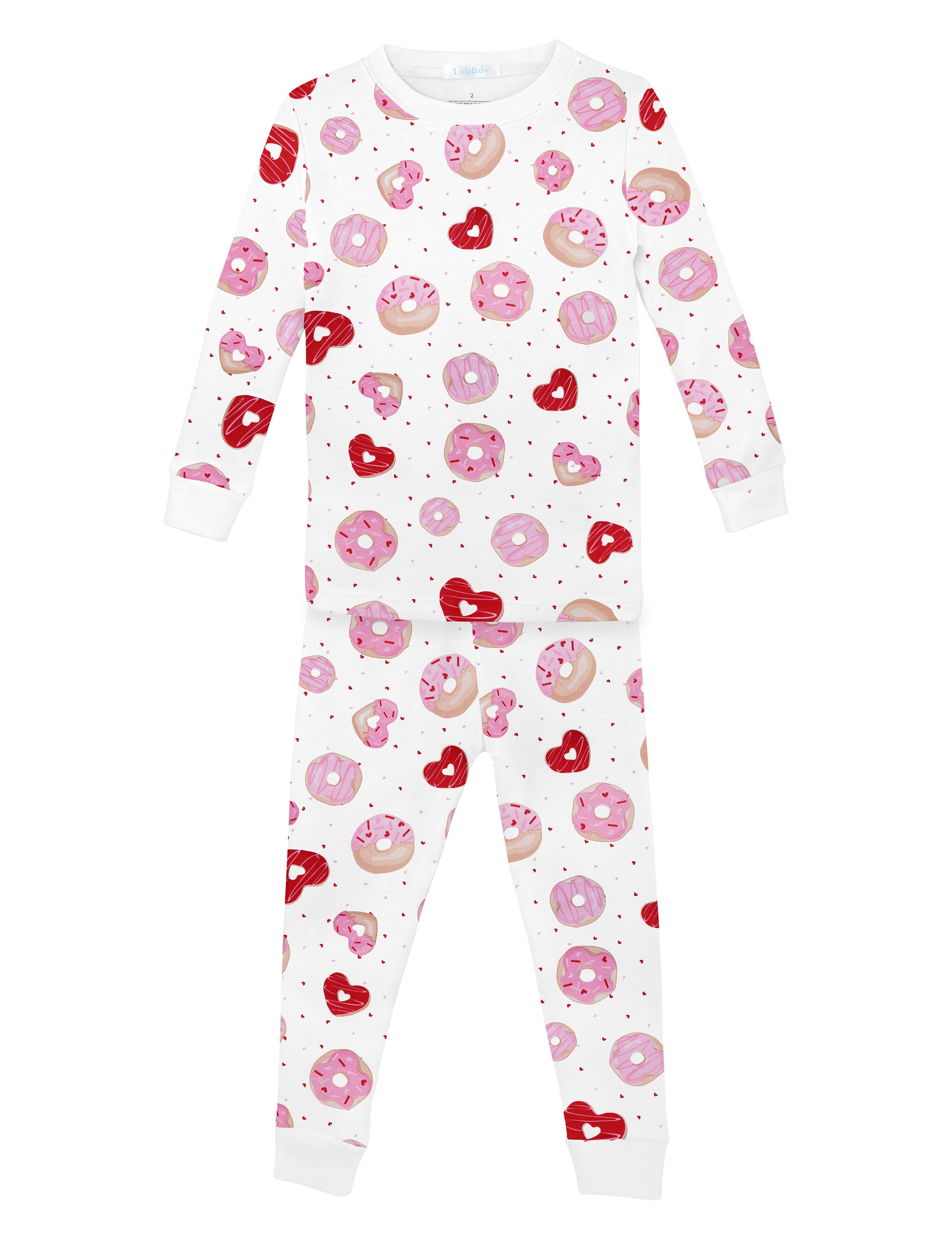 Luxury baby girl pajamas – two-piece Peruvian Pima cotton set with red and pink donut prints, breathable and hypoallergenic baby sleepwear.