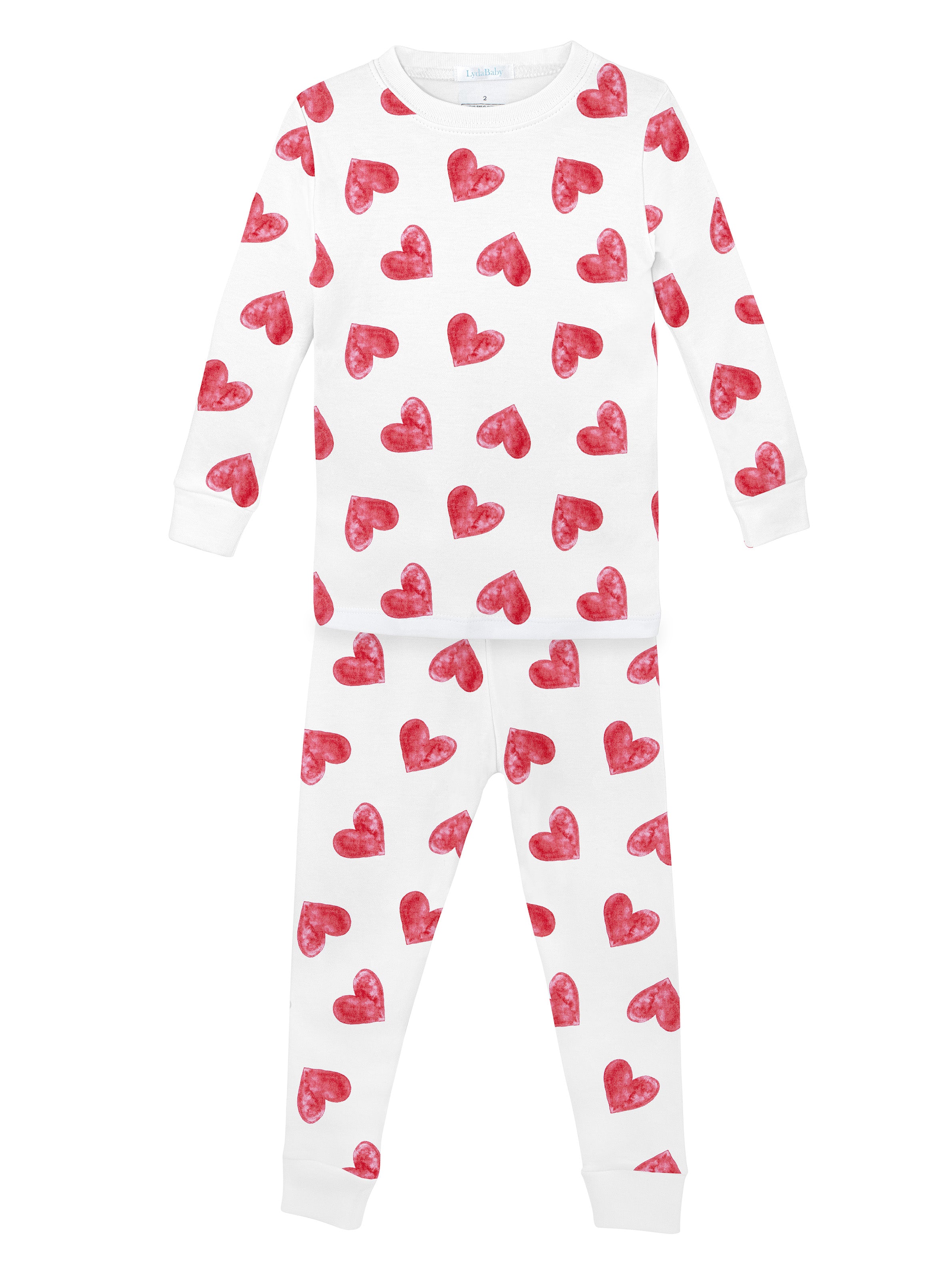 Luxury baby girl clothes – two-piece Peruvian Pima cotton pajamas with oversized pink heart prints, breathable and hypoallergenic baby sleepwear.