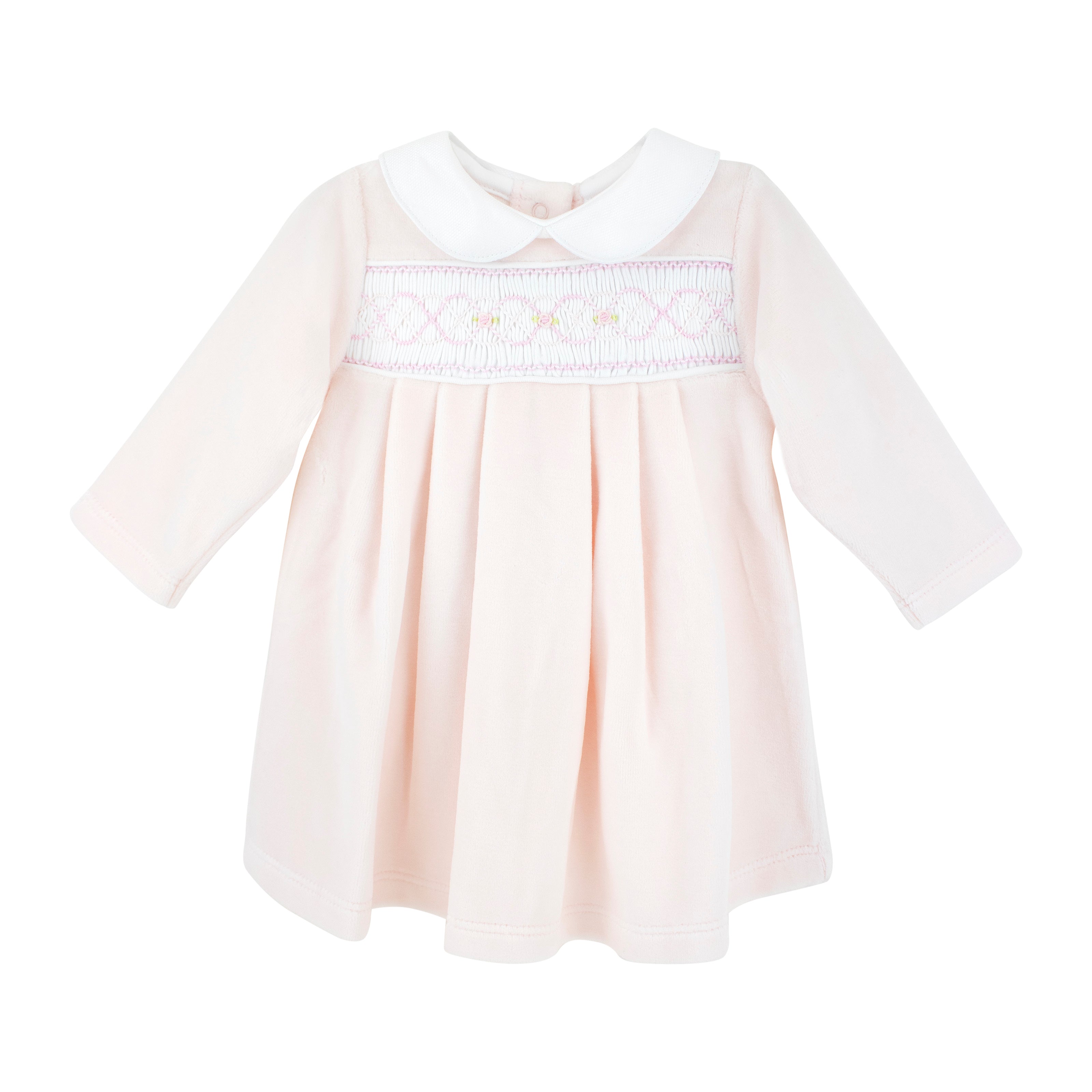 Luxury baby girl pink velour smocked dress with hand-embroidered floral details and Peter Pan collar, crafted from Peruvian cotton blend