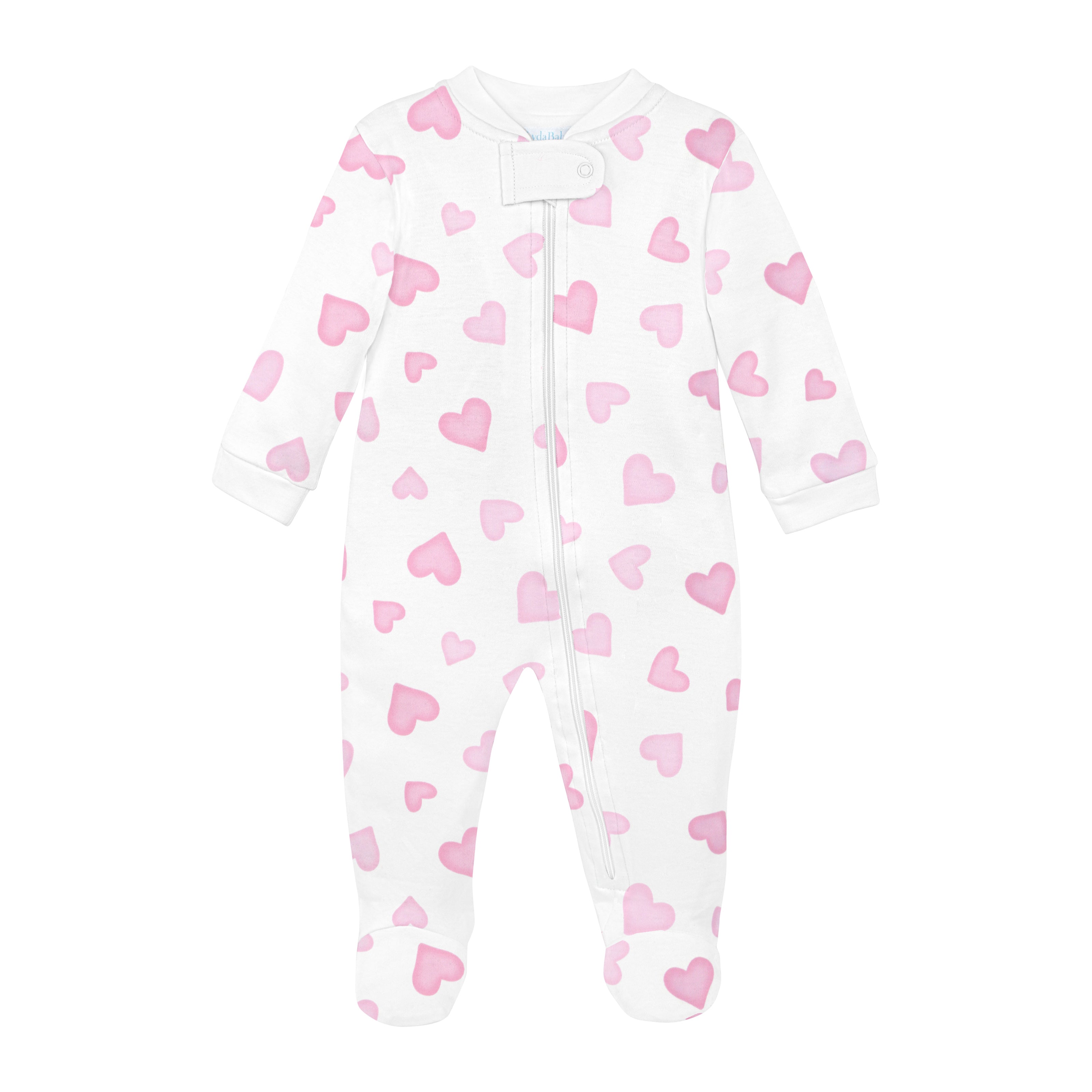  Vibrant baby girl zipper featuring bright hearts print on soft Peruvian Pima cotton — cozy, breathable, and perfect for sensitive skin.
