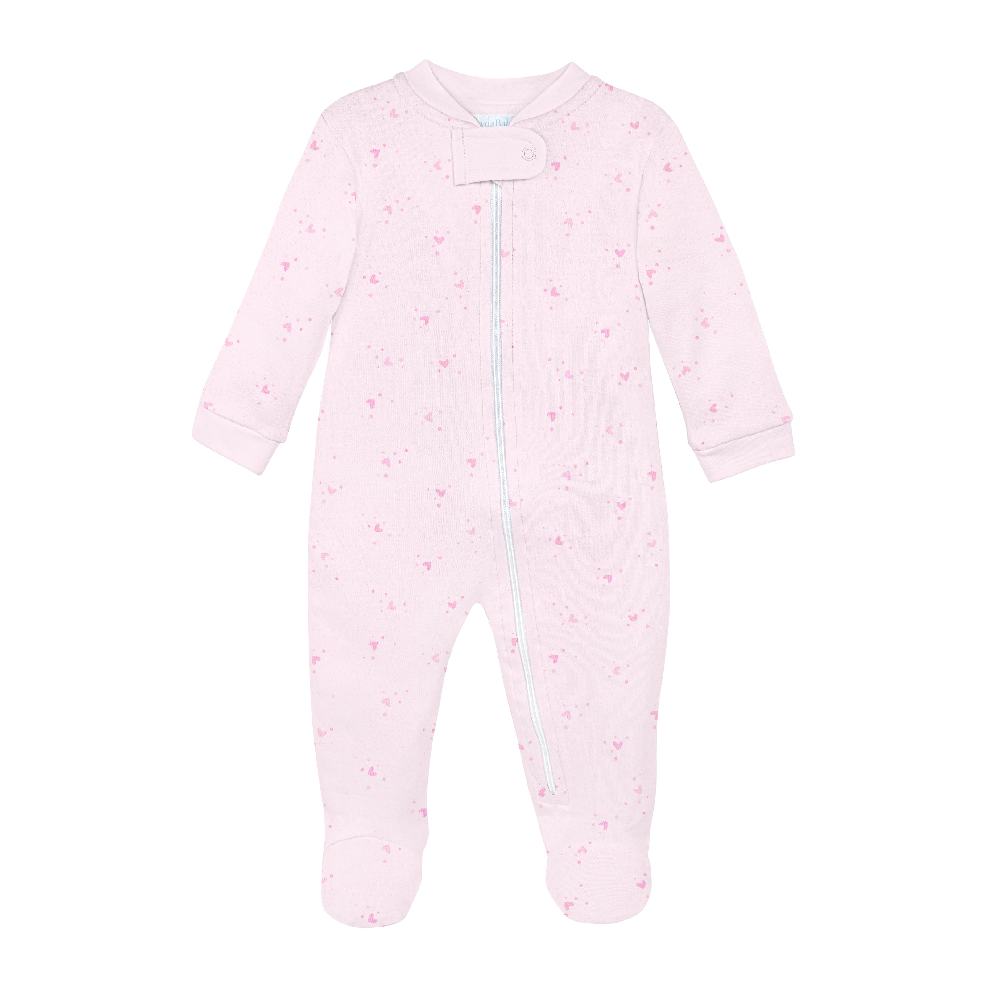  Soft baby girl zipper with pink bubble hearts print on organic Peruvian Pima cotton — breathable, gentle, and cozy for delicate skin.