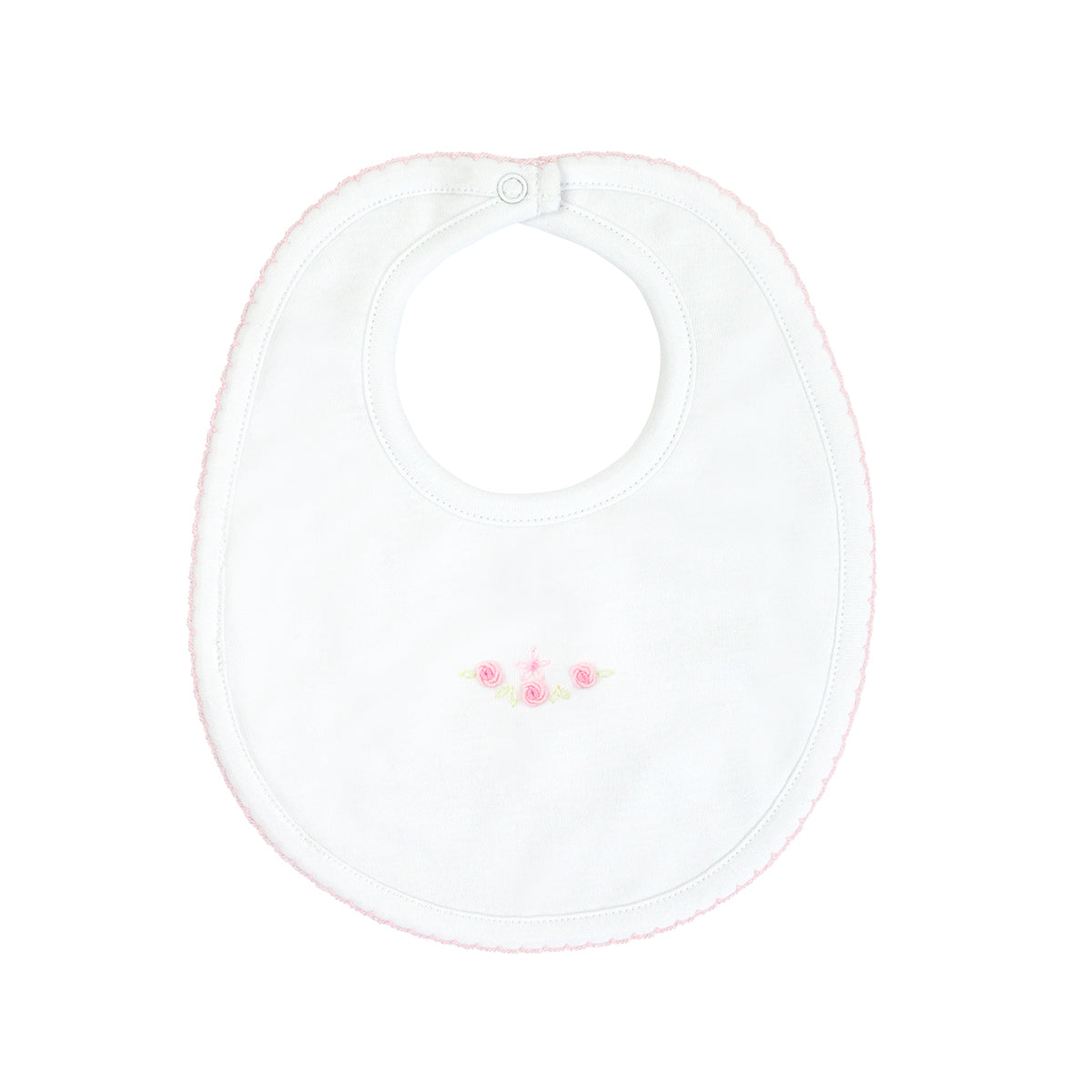  Delicate baby girl bib hand-embroidered with sweet flowers on premium Peruvian Pima cotton — soft, breathable, and artisan-made.
