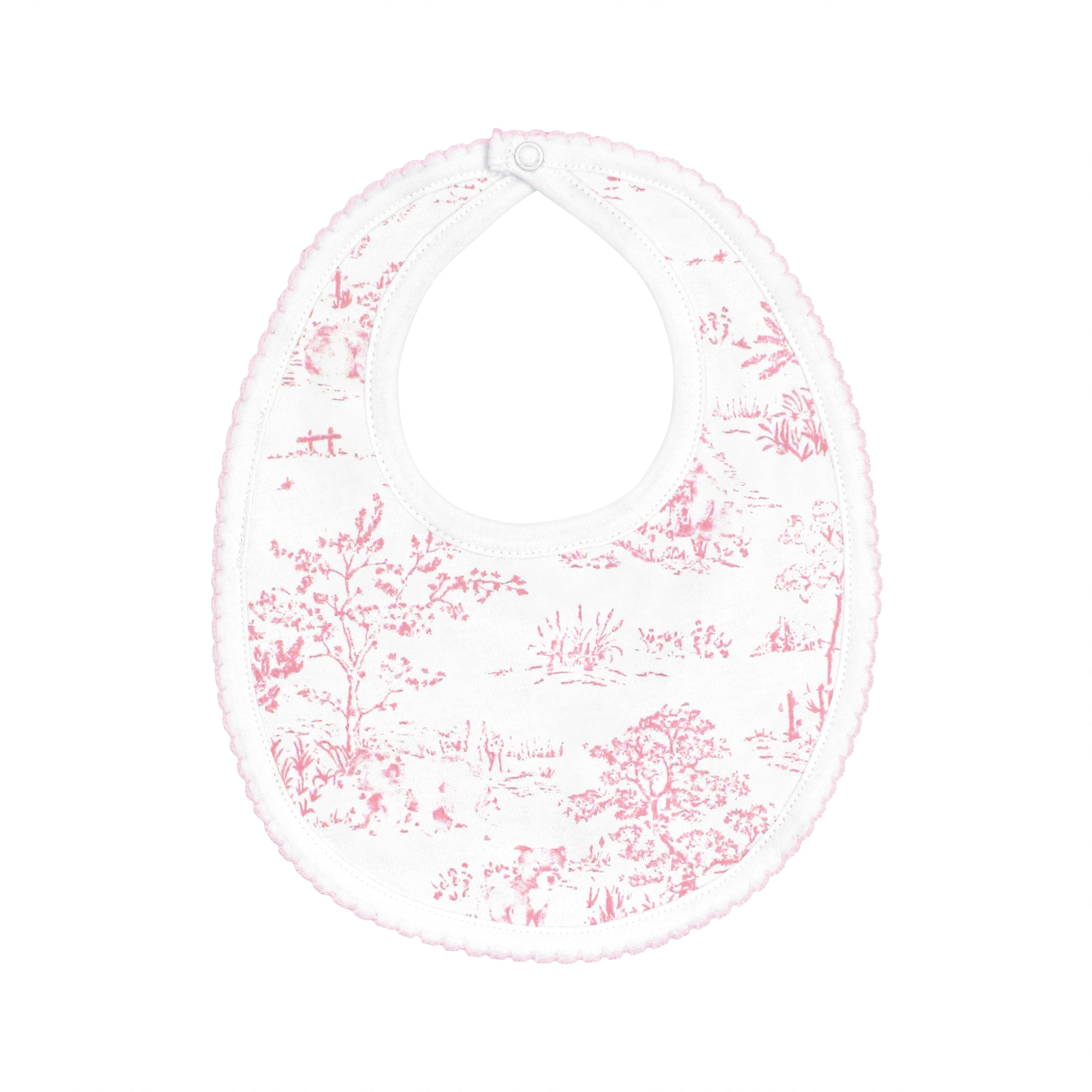  Elegant baby girl bib printed with toile de jouy pattern on premium Peruvian Pima cotton — soft, breathable, and baby-friendly.