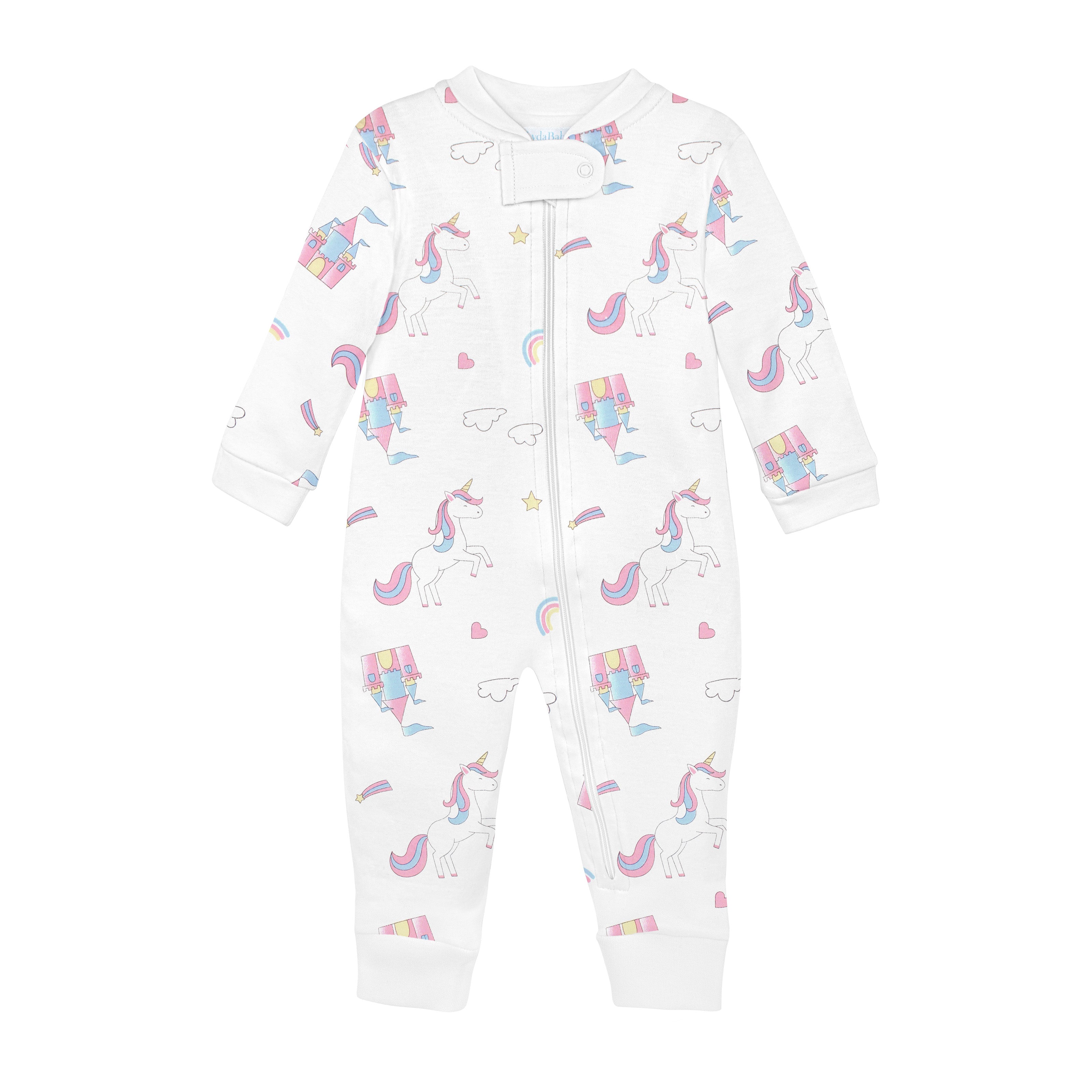 Magical baby girl zipper with unicorns and rainbows print on premium Peruvian Pima cotton — soft, breathable, and kind to delicate skin.