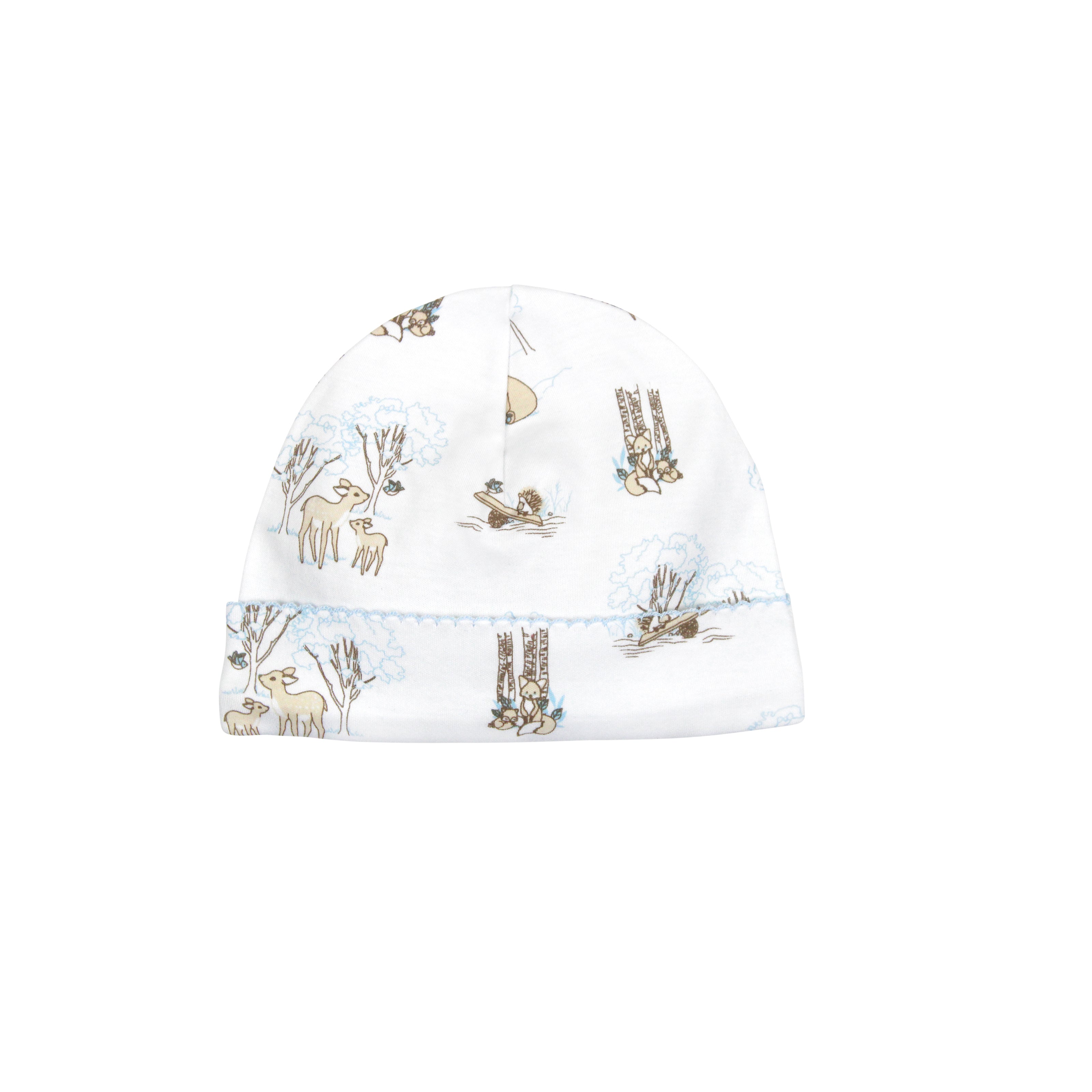  Baby boy hat with forest friends print on soft Peruvian Pima cotton — breathable and gentle for delicate skin.
