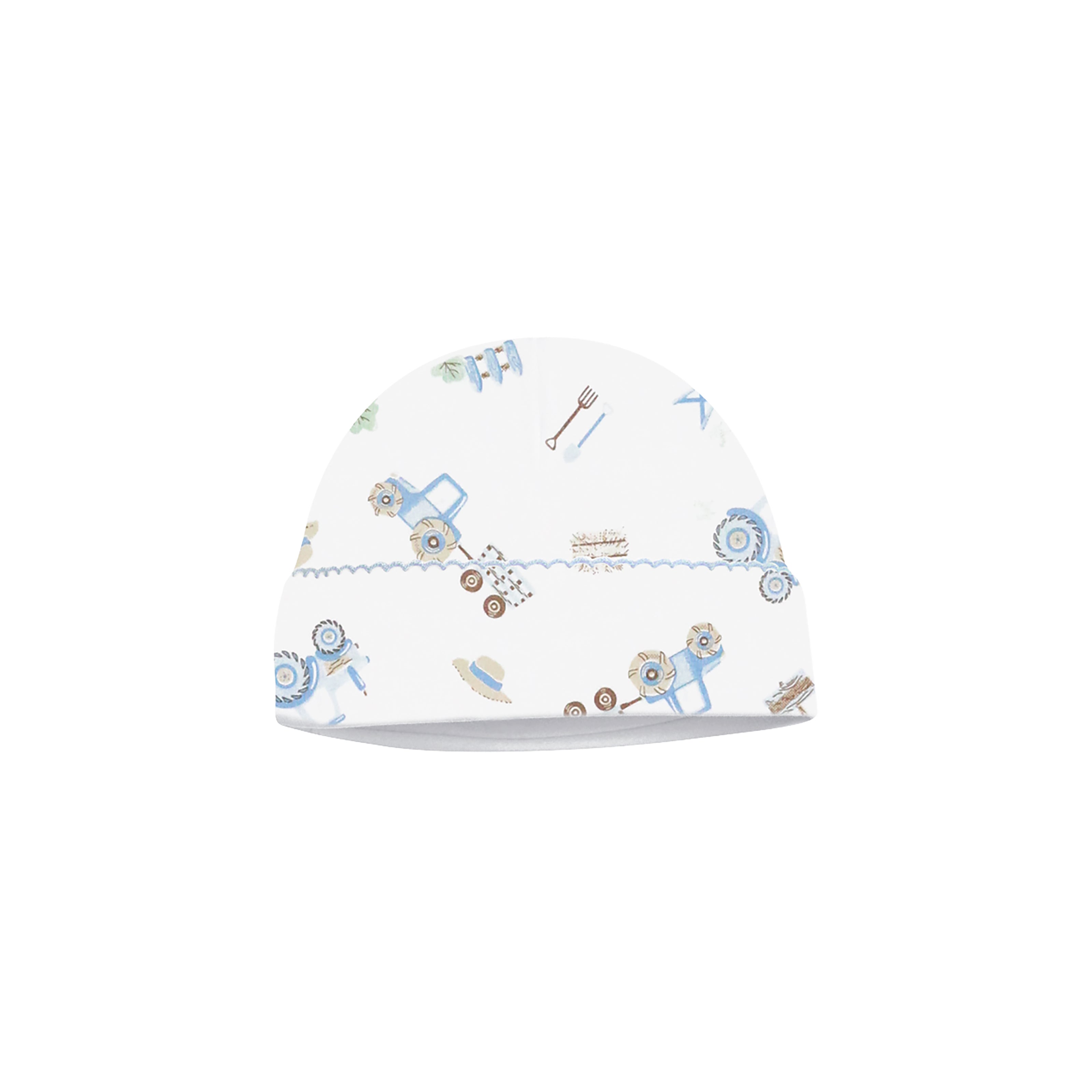 Baby boy hat featuring farm animal prints on soft, breathable Peruvian Pima cotton — perfect for little explorers with sensitive skin.
