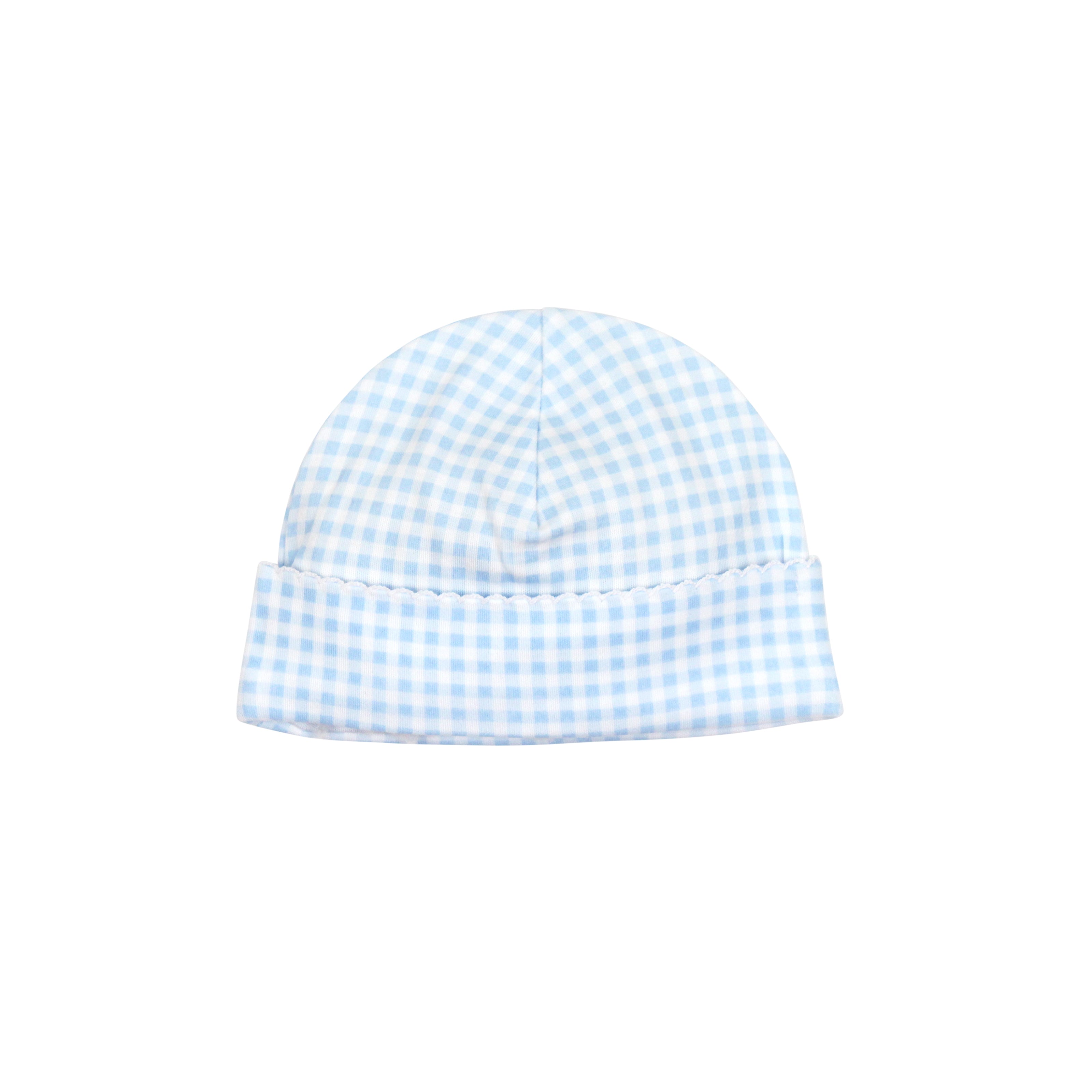  Classic baby boy hat with light blue vichy pattern on soft Peruvian Pima cotton — breathable and gentle for sensitive skin.
