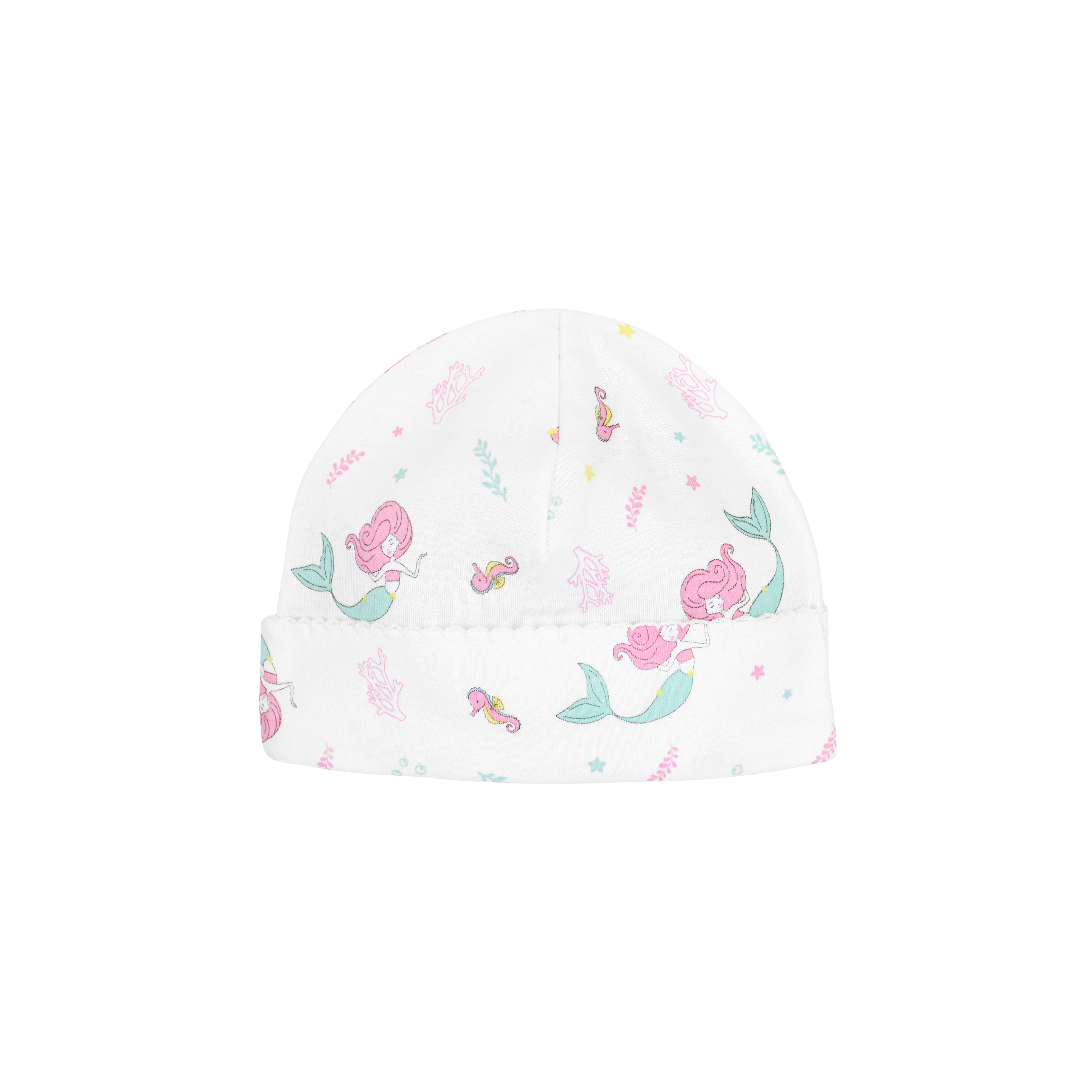 Soft baby girl hat featuring playful little mermaids print on premium Peruvian Pima cotton — breathable and comfy for everyday use.
