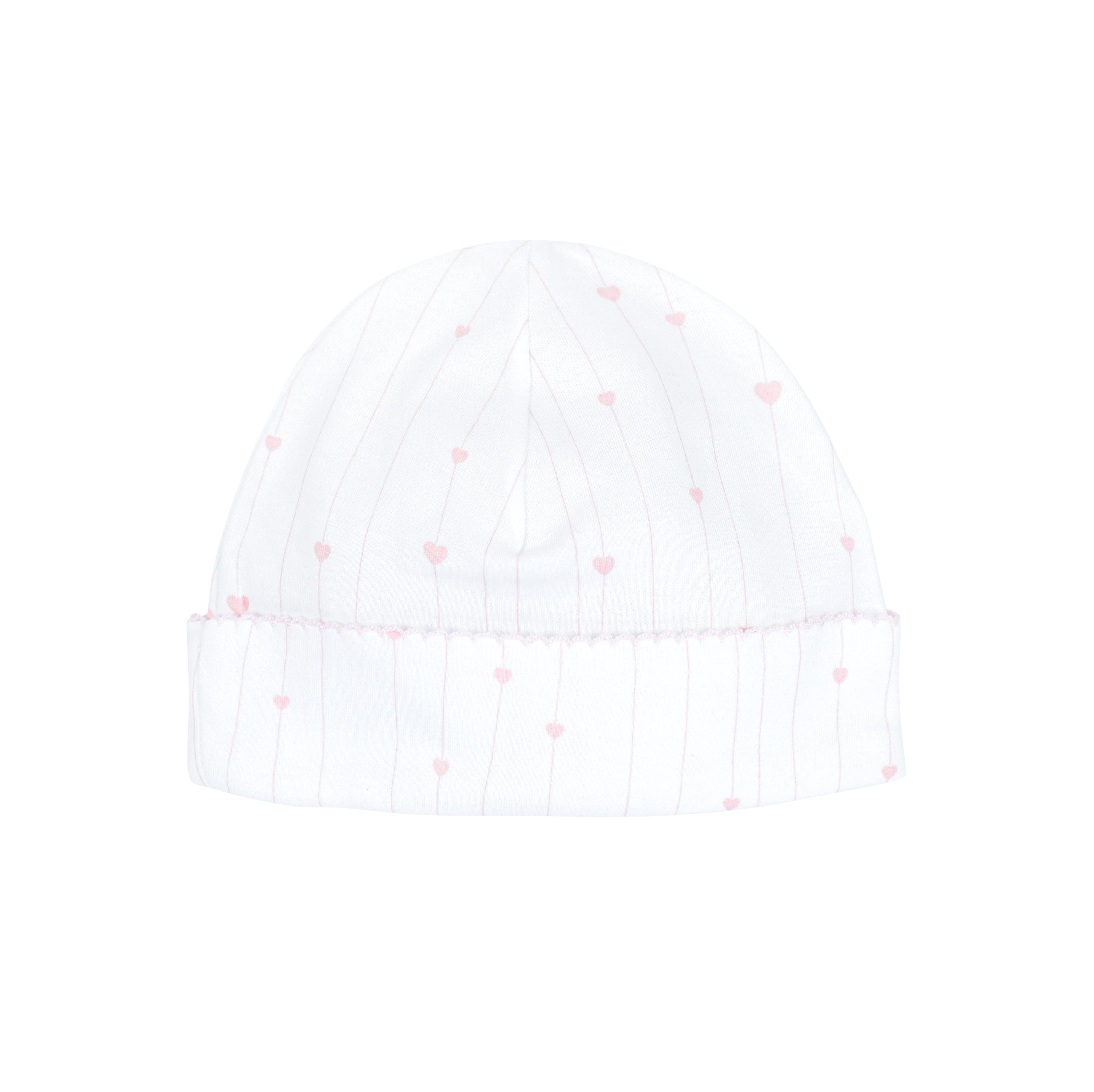Soft baby girl hat with delicate little hearts printed on organic Peruvian Pima cotton — breathable, luxurious accessory for newborns.
