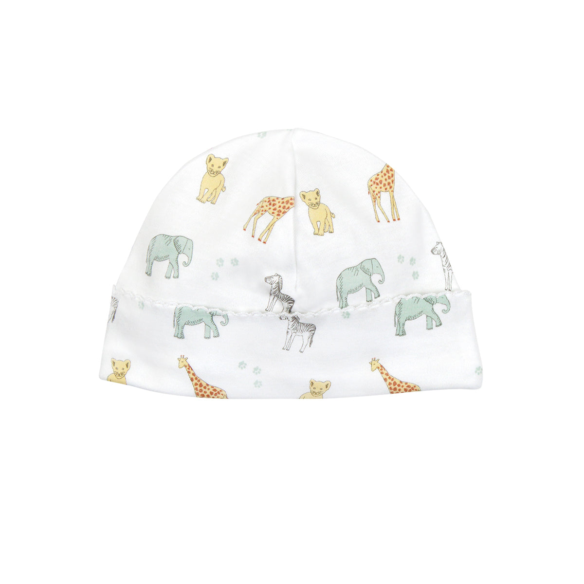  Unisex baby hat adorned with playful safari animals printed on breathable Peruvian Pima cotton — ideal for cozy comfort and style.
