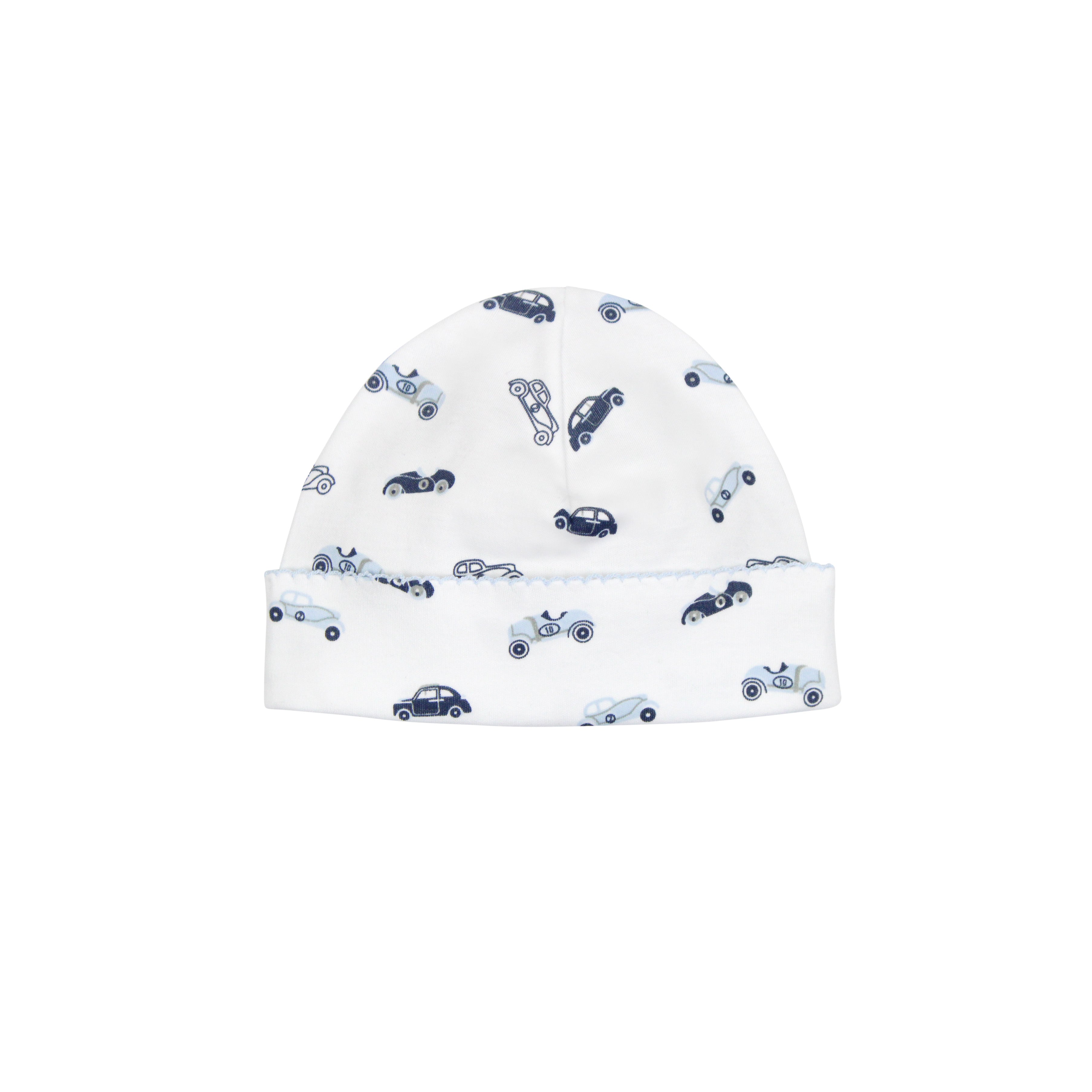  Baby boy hat with vintage cars print on ultra-soft Peruvian Pima cotton — stylish and gentle on sensitive skin.
