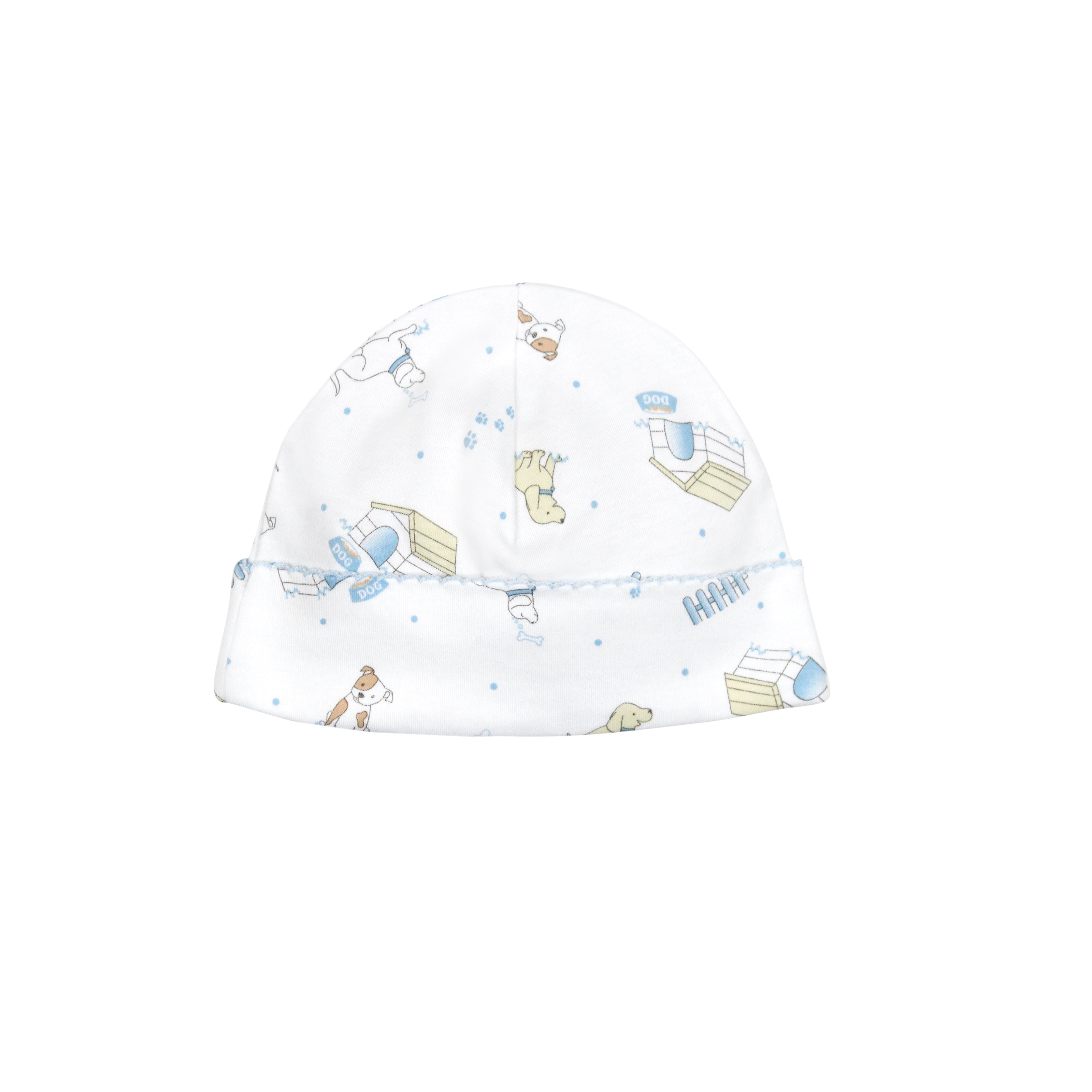  Cute baby boy hat with puppies world print on premium Peruvian Pima cotton — breathable and perfect for sensitive skin.