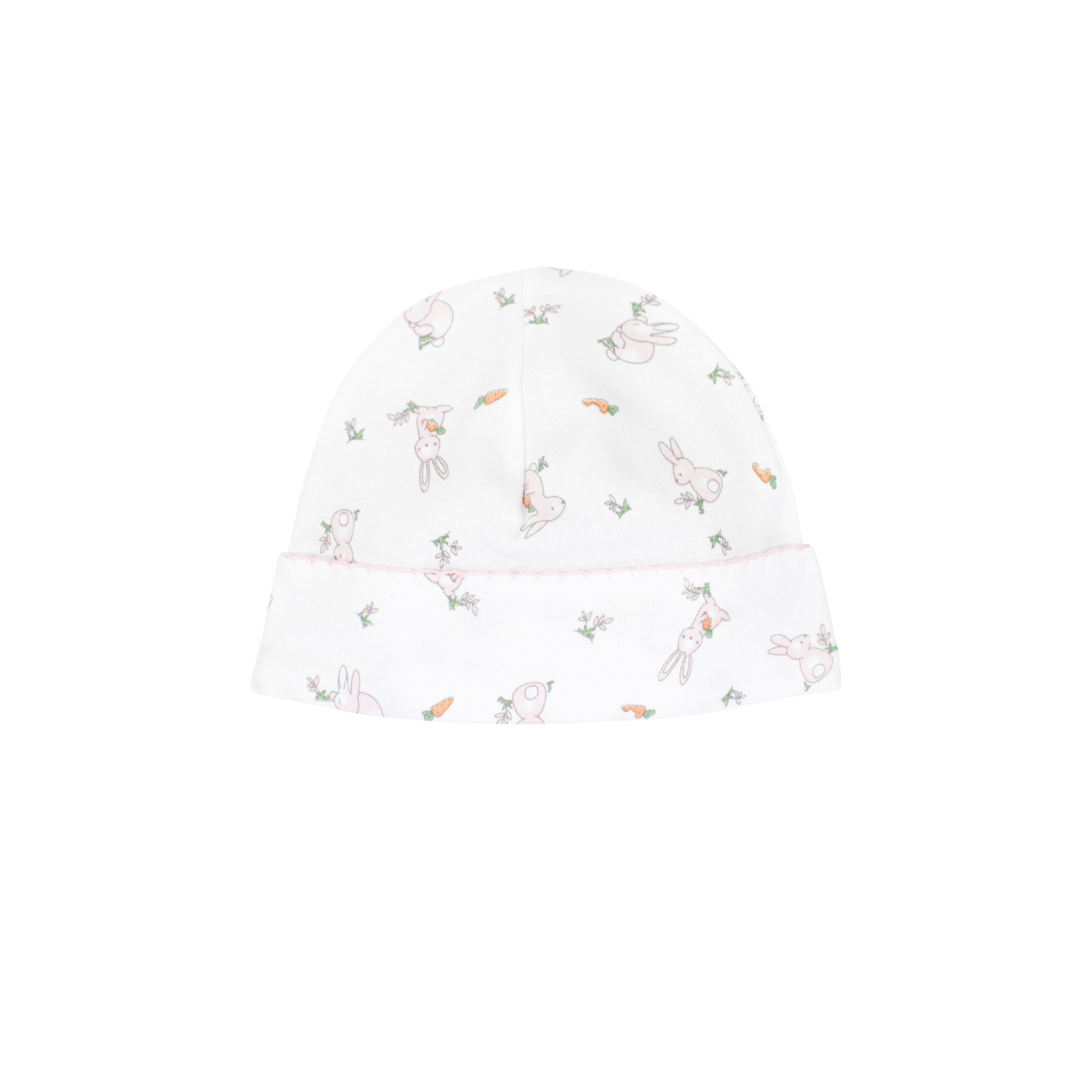  Soft girl baby hat featuring rabbits print on organic Peruvian Pima cotton — breathable and gentle for sensitive skin.