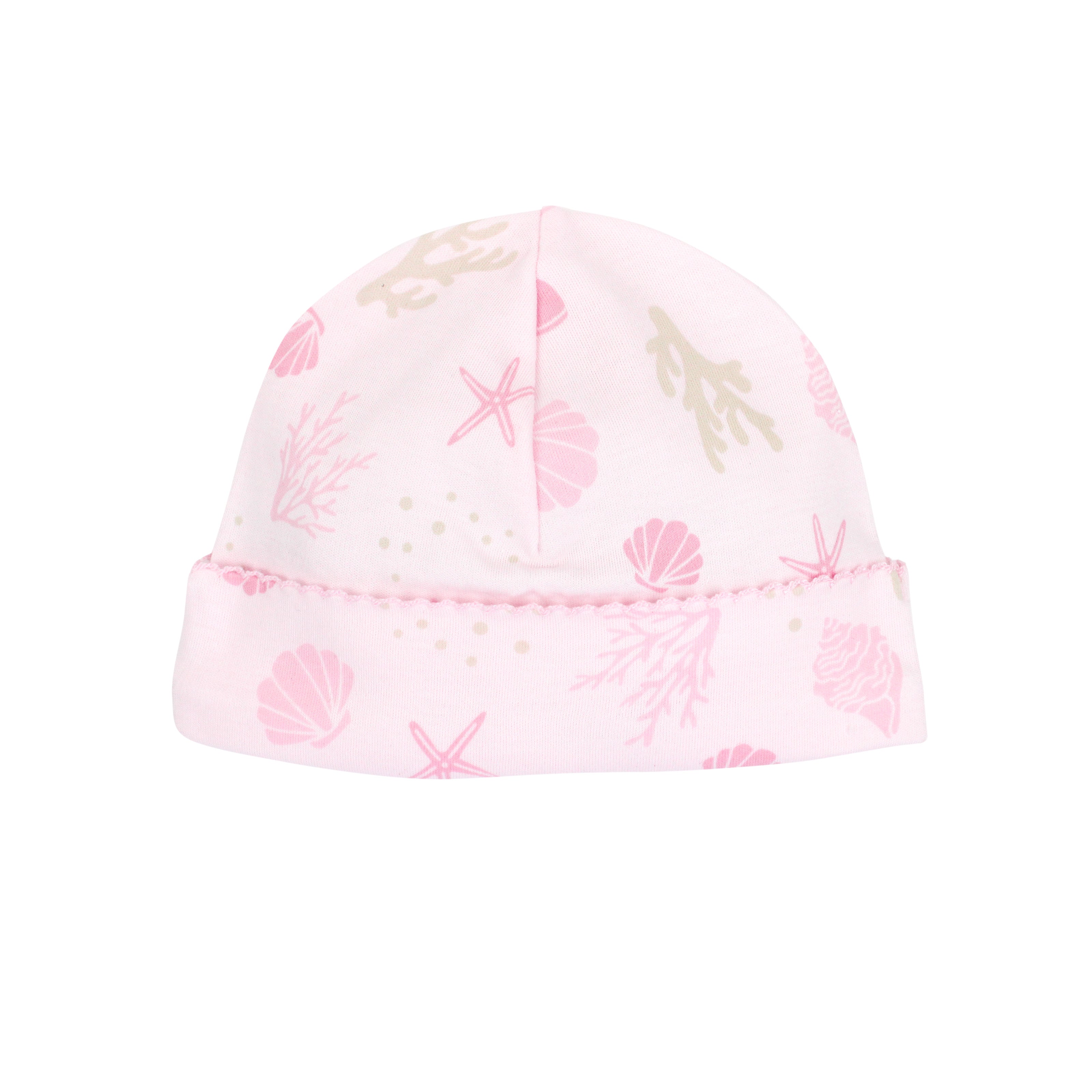  Cute baby girl hat with seashells print on organic Peruvian Pima cotton — breathable and perfect for delicate skin.