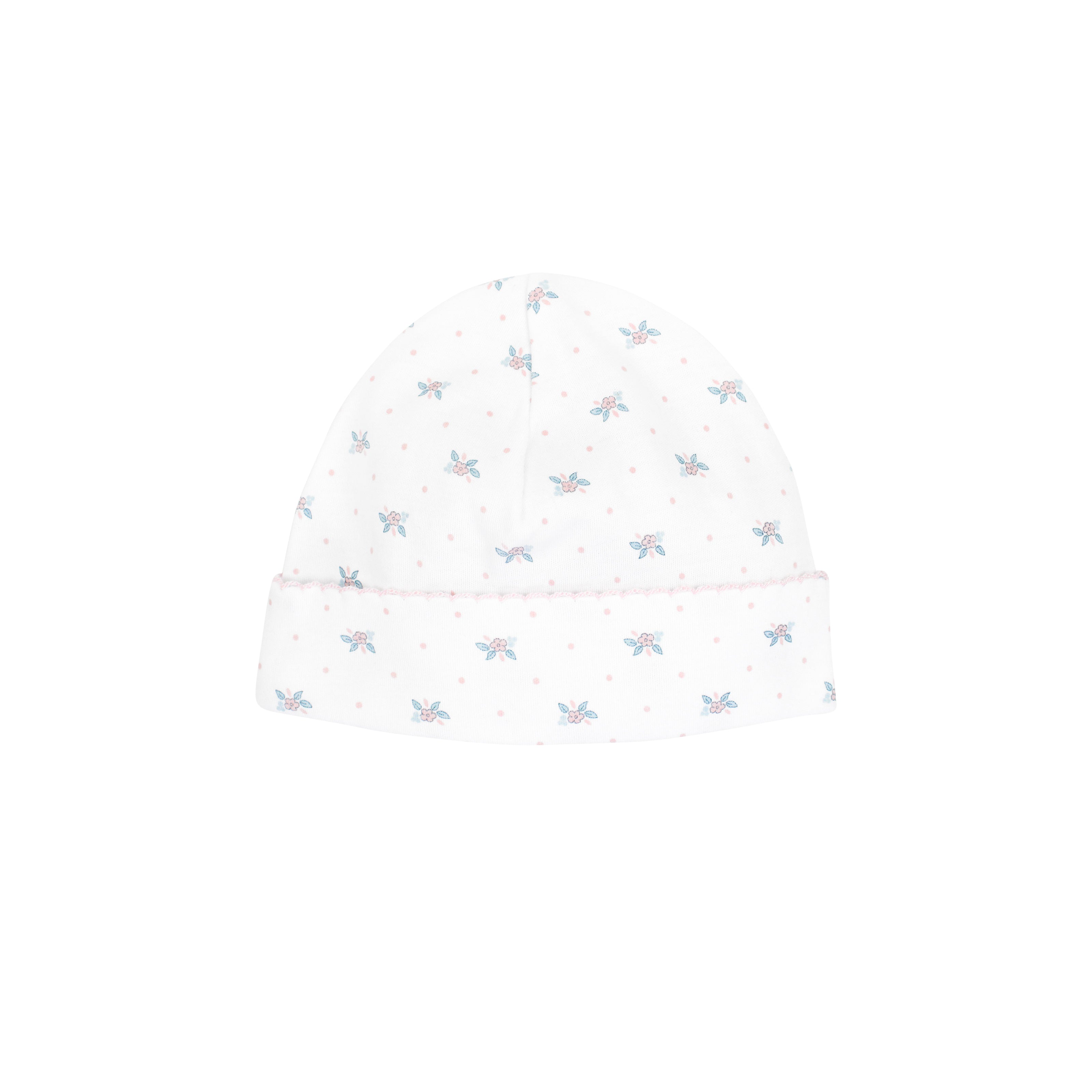 Soft and sweet baby girl hat with tiny flower patterns on organic Peruvian Pima cotton — perfect for delicate, sensitive skin all day long.
