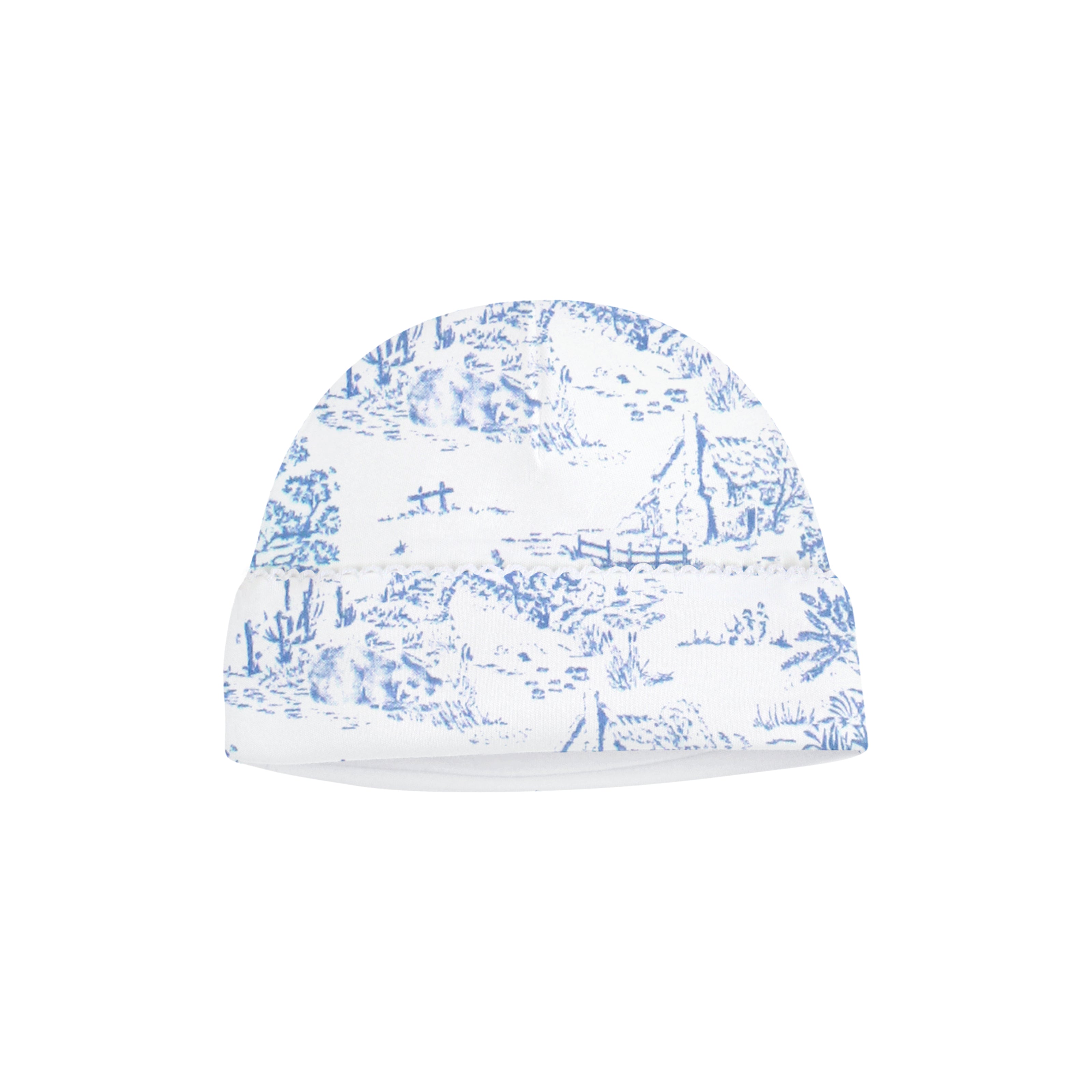  Elegant baby girl hat with toile de jouy print on soft Peruvian Pima cotton — breathable and gentle for delicate skin.