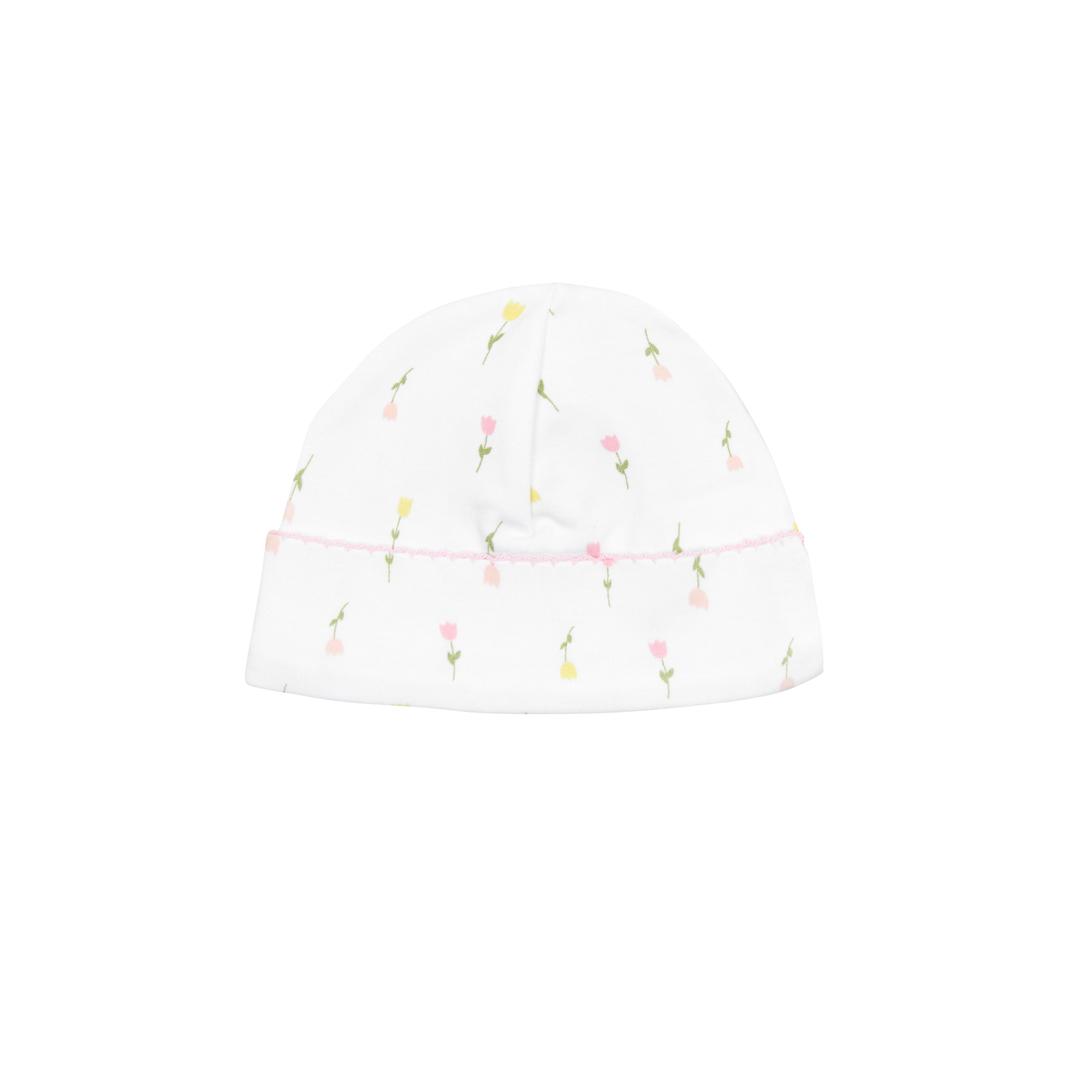 Gentle baby girl hat with delicate tulip flowers printed on breathable Peruvian Pima cotton — ideal for keeping your little one cozy and cute.

