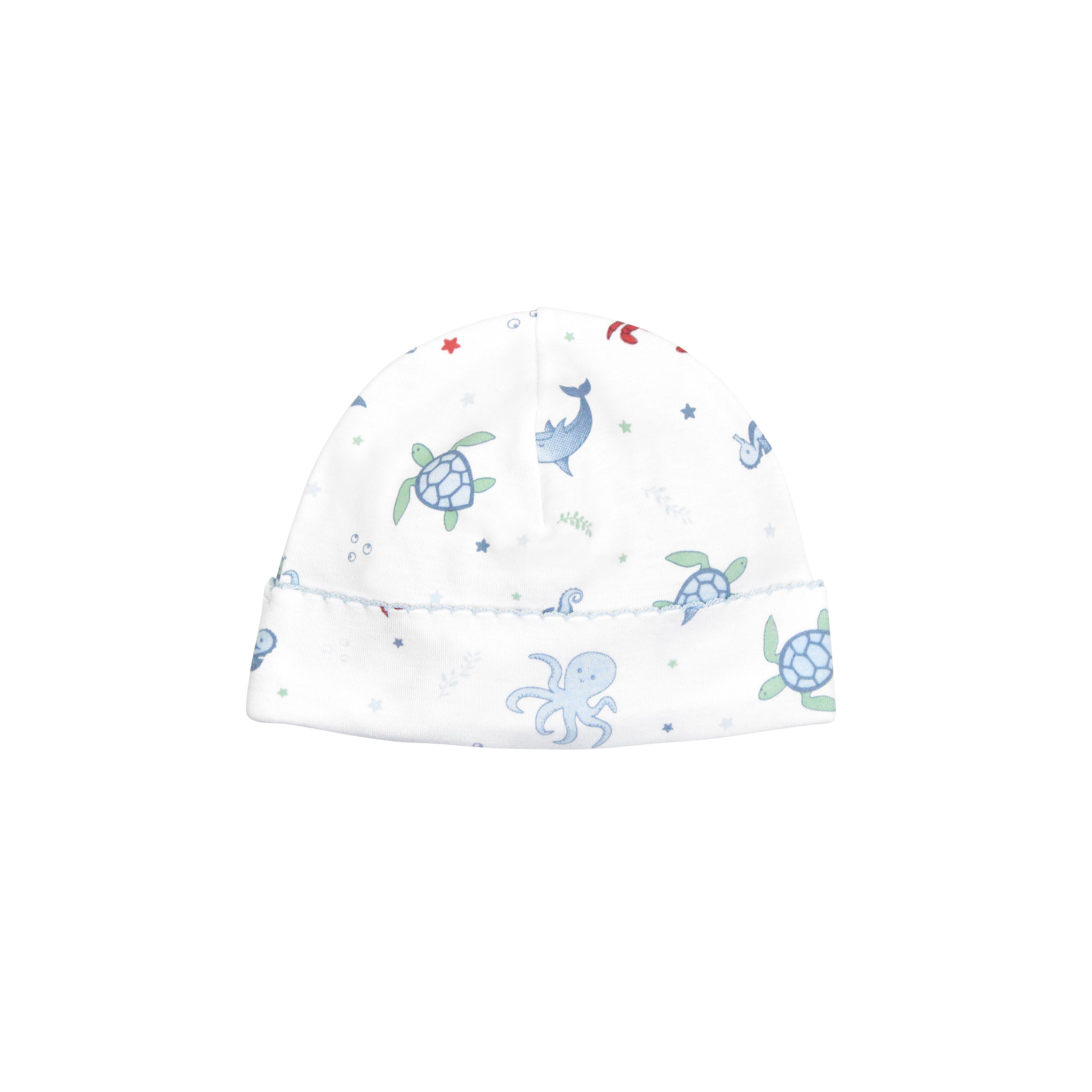  Baby boy hat with fun under the sea creatures printed on soft Peruvian Pima cotton — perfect for sensitive skin and sunny days out.