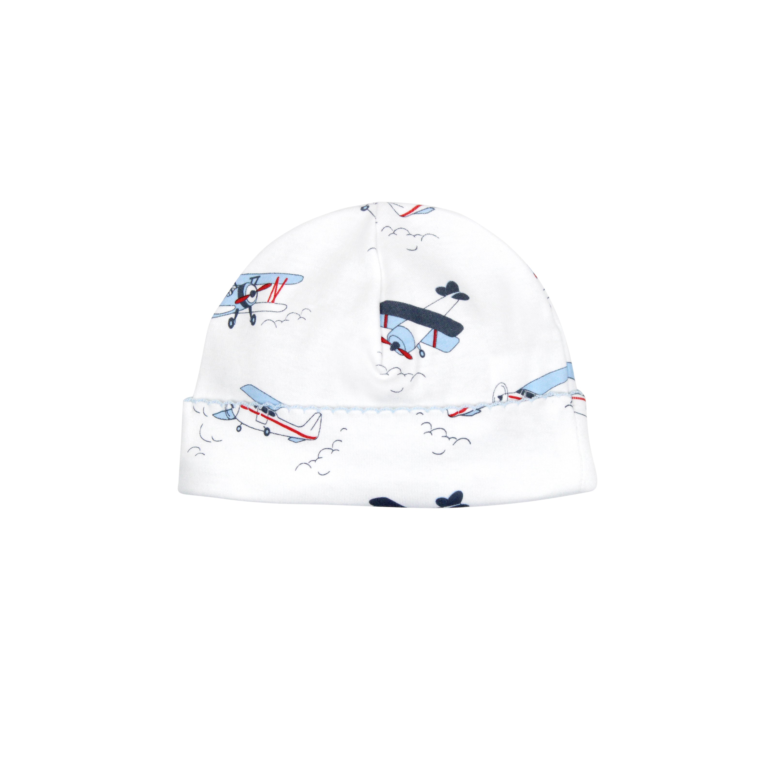 Lightweight baby boy hat featuring vintage airplanes print on ultra-soft Peruvian Pima cotton — great for protecting delicate skin with a playful look.
