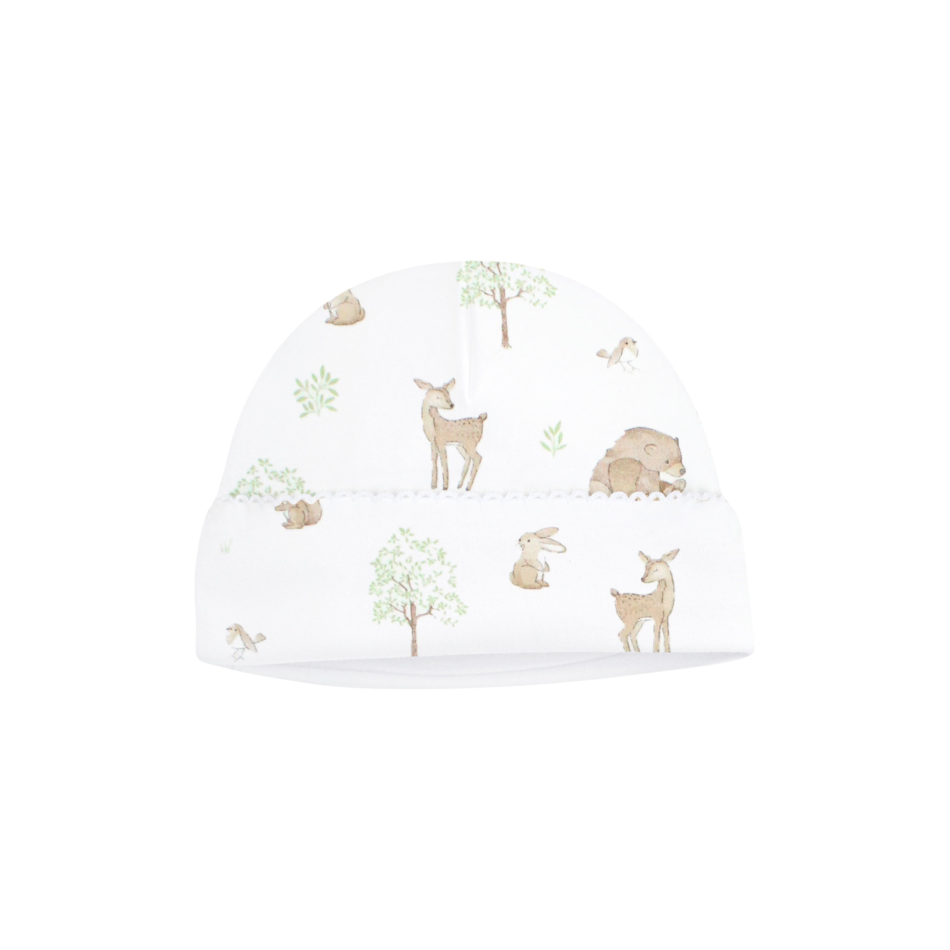  Adorable unisex baby hat with woodland friends print on ultra-soft Peruvian Pima cotton — breathable and comfy for delicate skin.