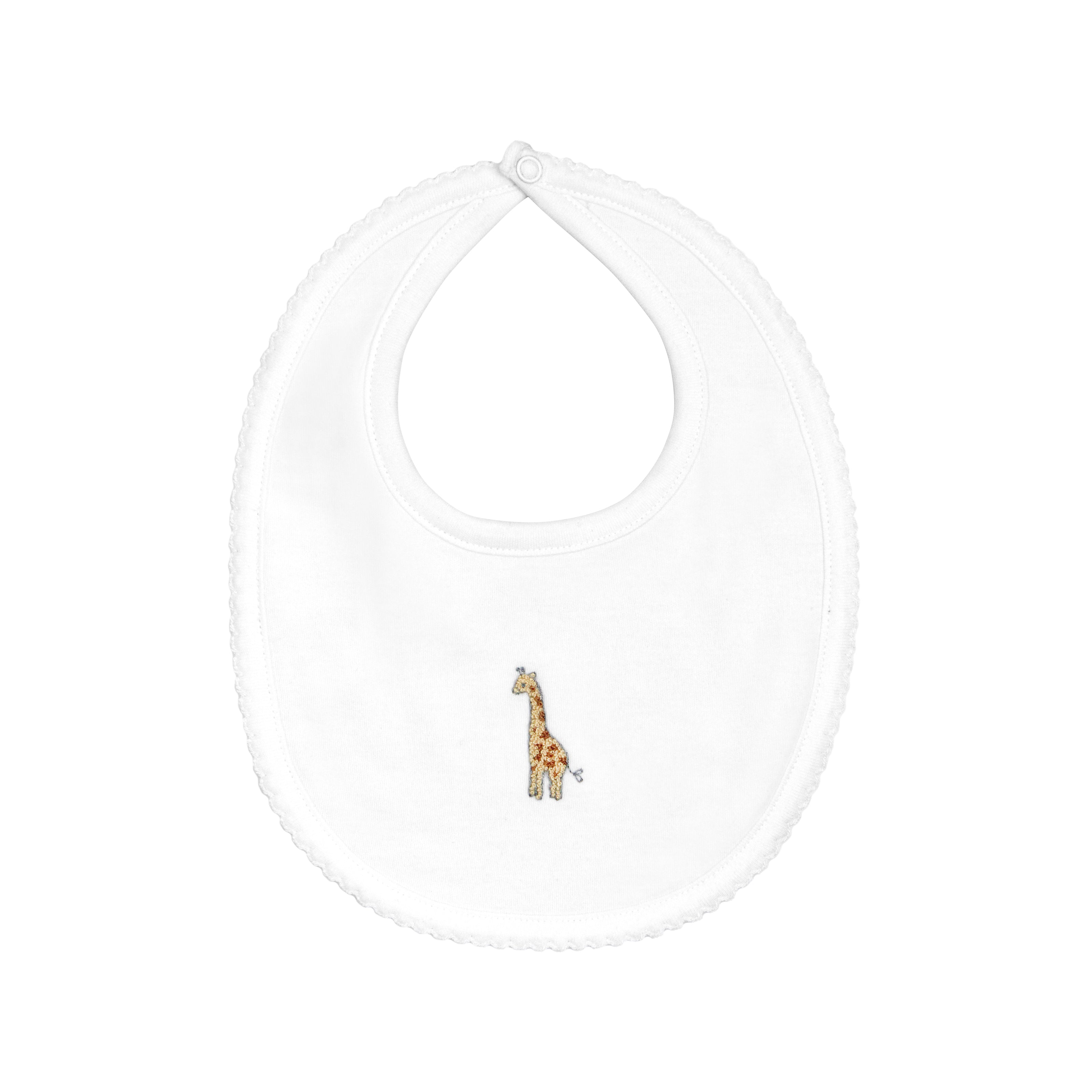  Charming unisex baby bib hand-embroidered with safari animals on premium Peruvian Pima cotton — soft, breathable, and artisan-made.