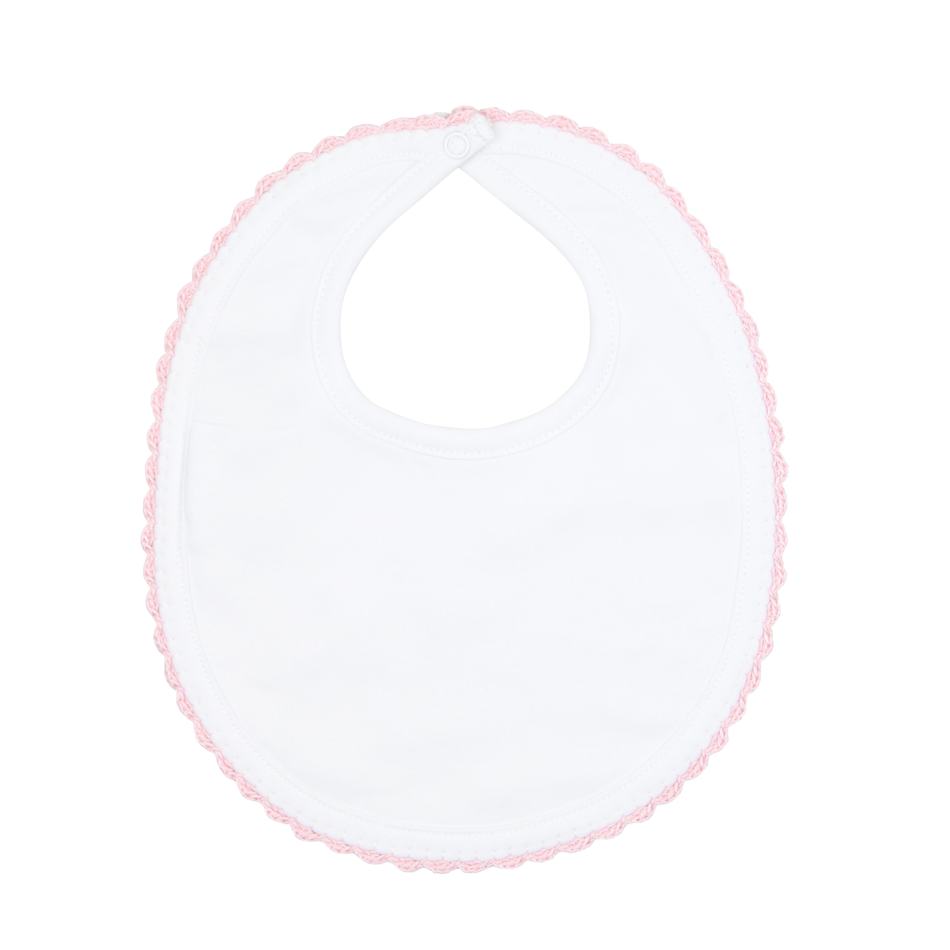 Classic baby bib made from soft white Peruvian Pima cotton, finished with delicate crochet trim — gentle, absorbent, and ideal for everyday elegance.

