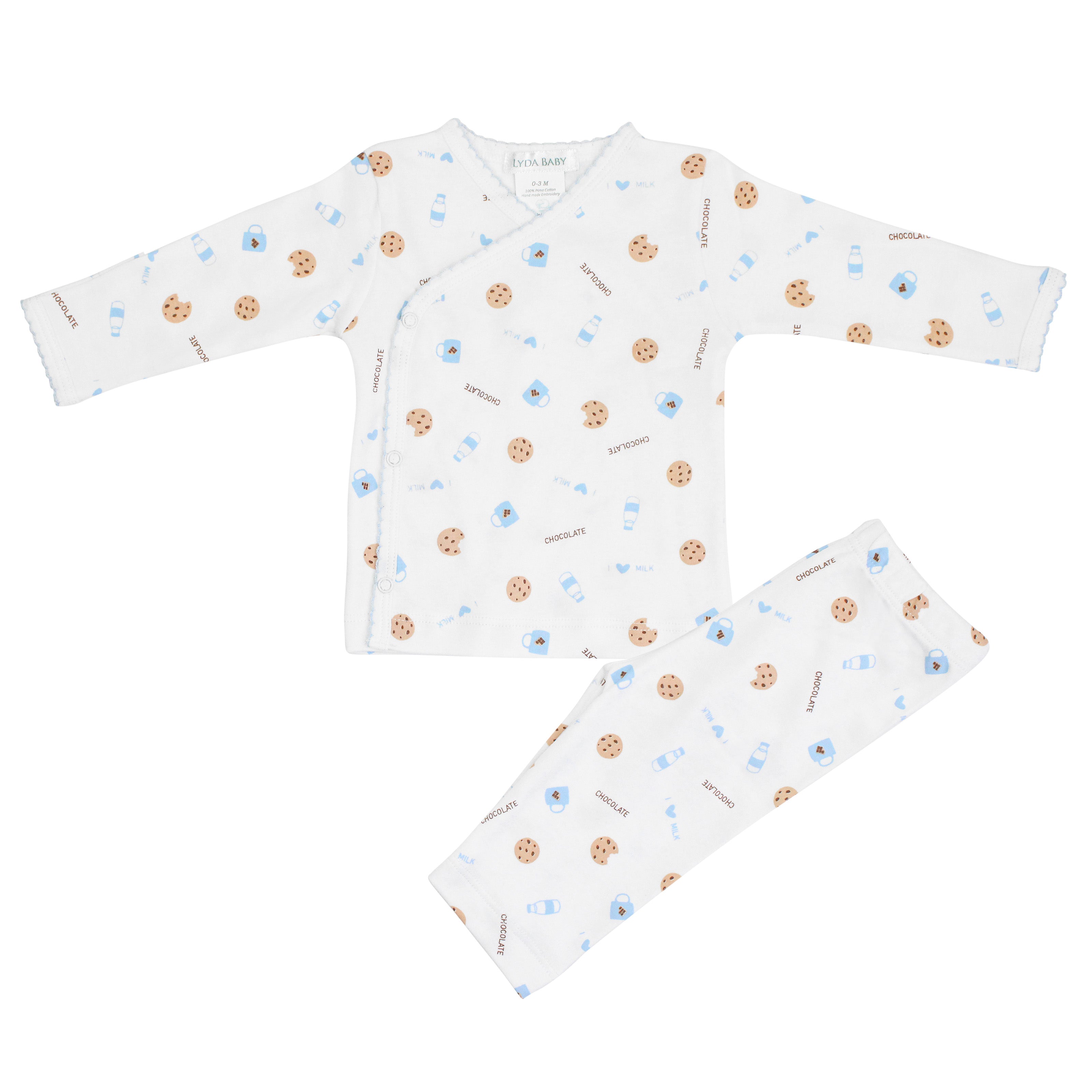 Baby boy two-piece pajama set with crossover long-sleeve top and pants, made from premium Peruvian Pima cotton with cookies and milk print — soft, fun, and cozy.