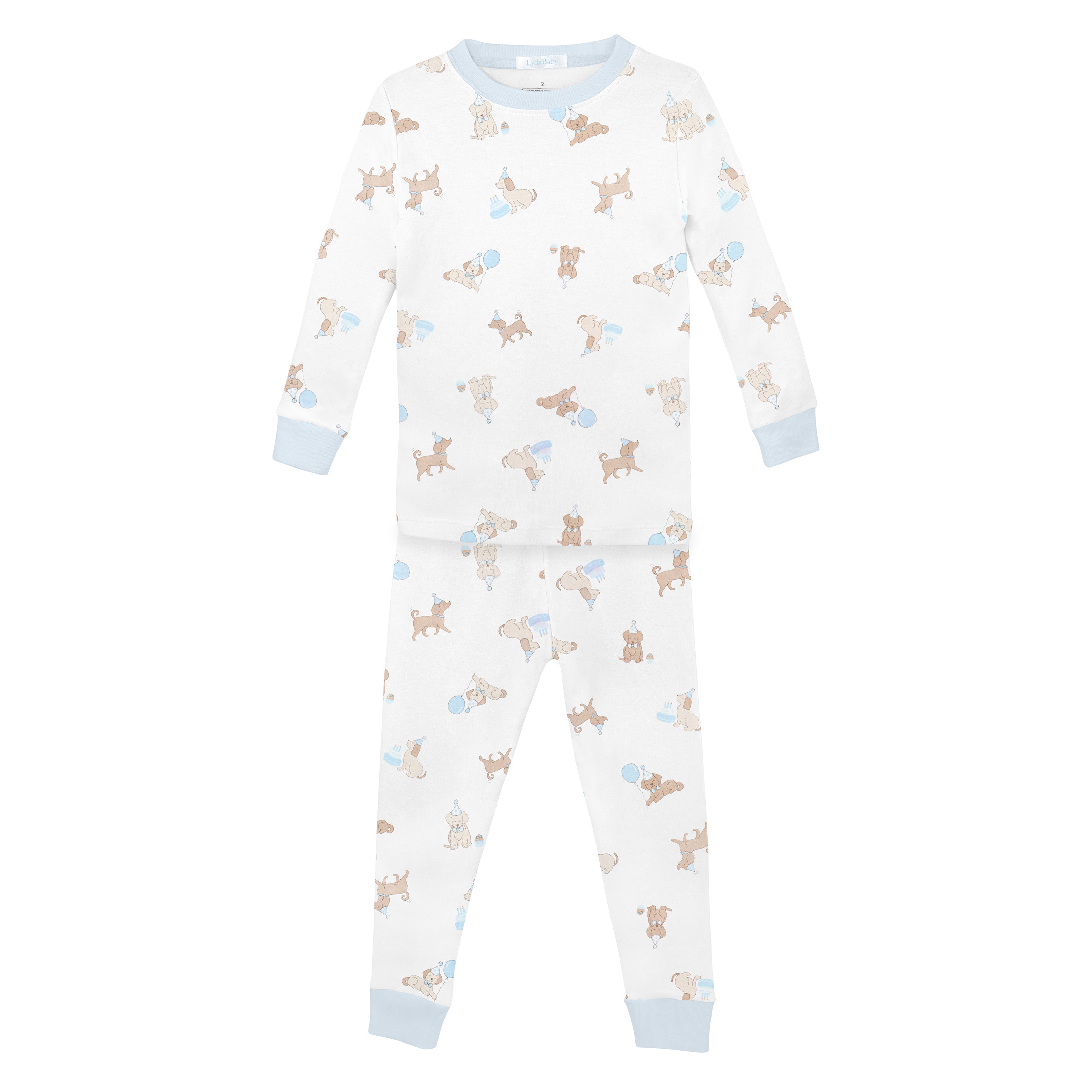 
 Fun and cozy boys' pajama set with a long-sleeve shirt and pants printed with cheerful dog birthday scenes — crafted from luxurious Pima cotton.