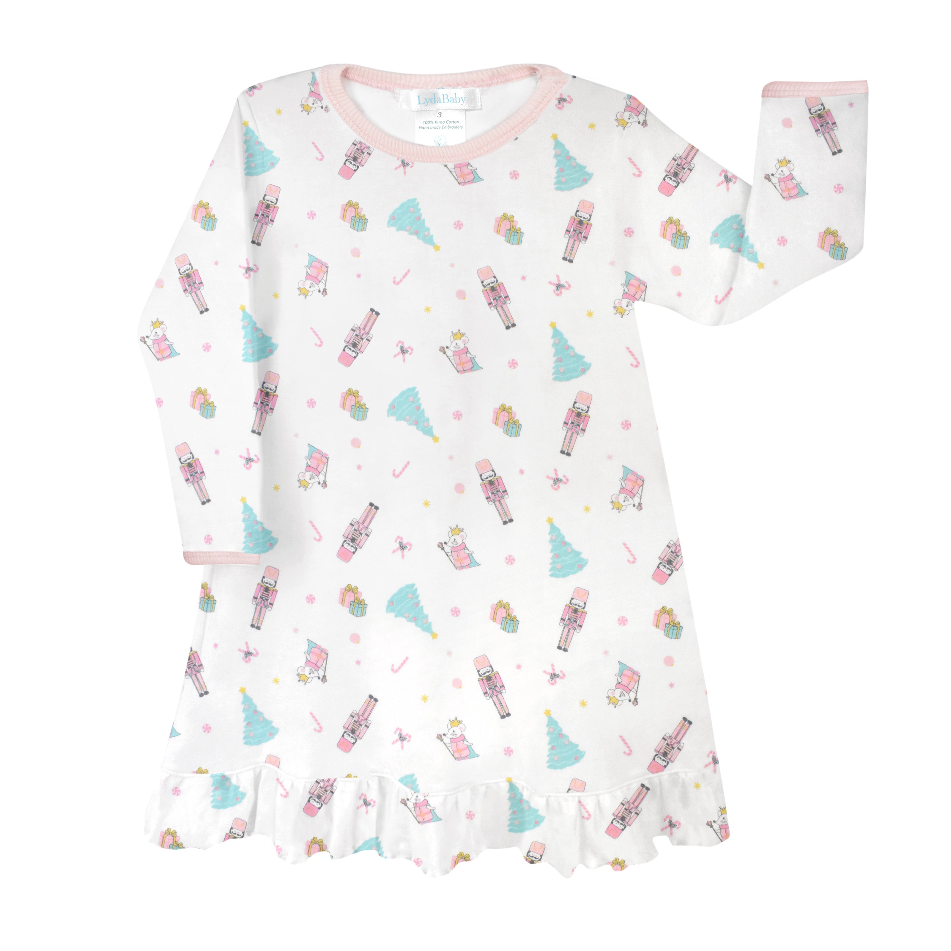 Luxury baby girl Christmas dress crafted in soft Peruvian Pima cotton, long sleeves, white with nutcracker, ballerina, Christmas tree and gift box print, elegant festive design.