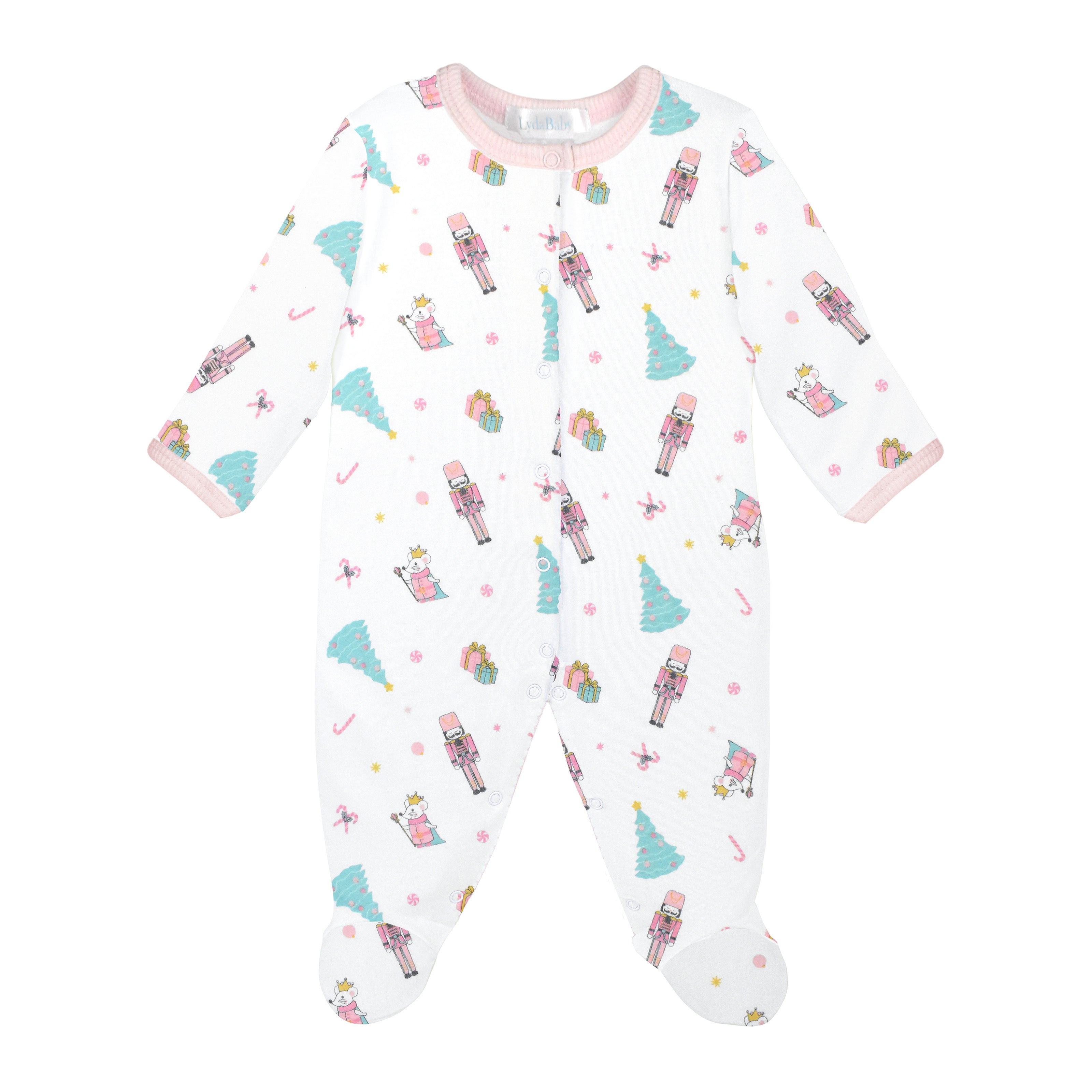 Luxury baby girl Christmas footie made from Peruvian Pima cotton, white with nutcracker, ballerina, Christmas tree and gift box print, long sleeves and pink trim.