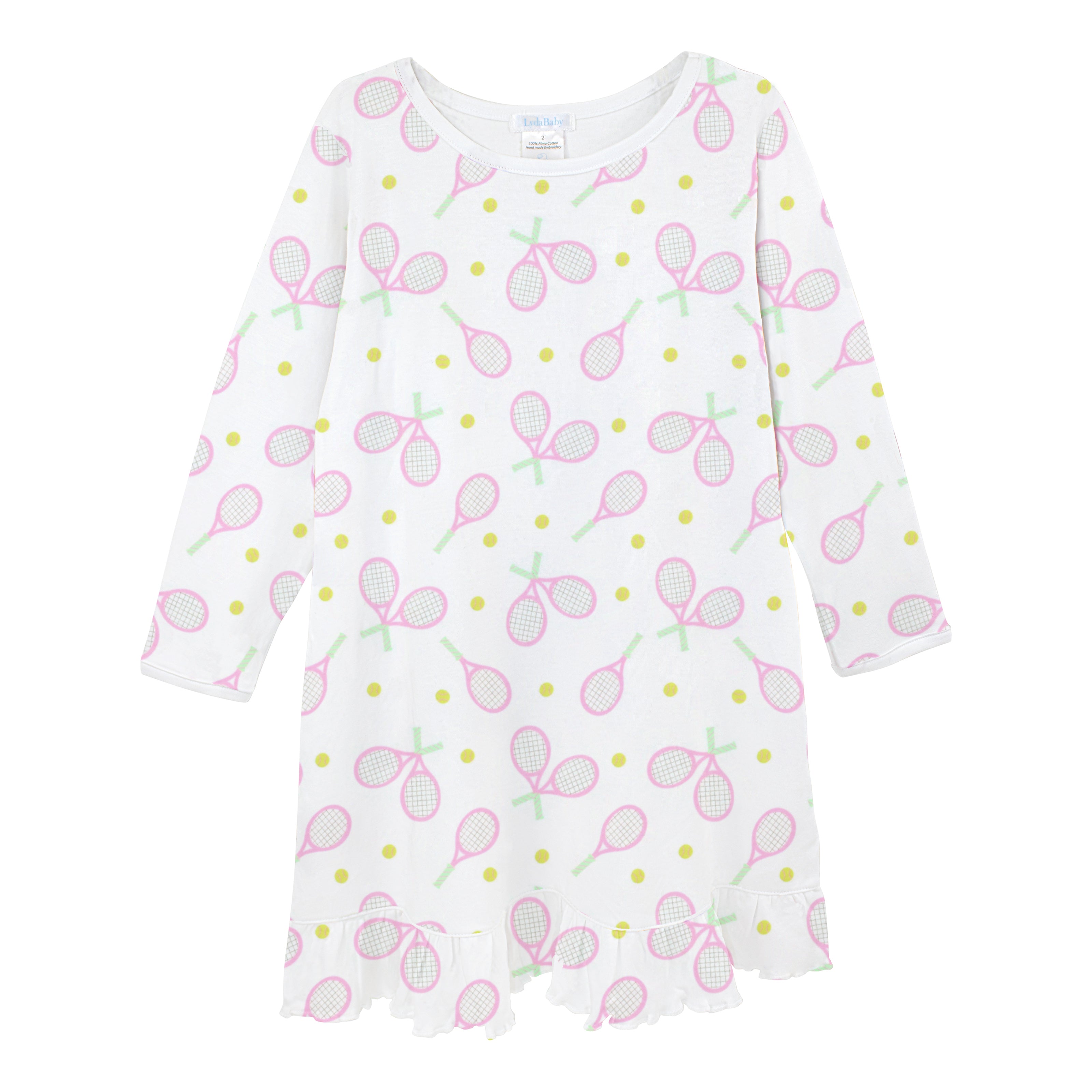 Luxury baby girl dress made from premium Peruvian Pima cotton with a fun printed tennis-inspired “Game Set Match” design. A breathable and elegant choice for boutique baby clothes lovers.
