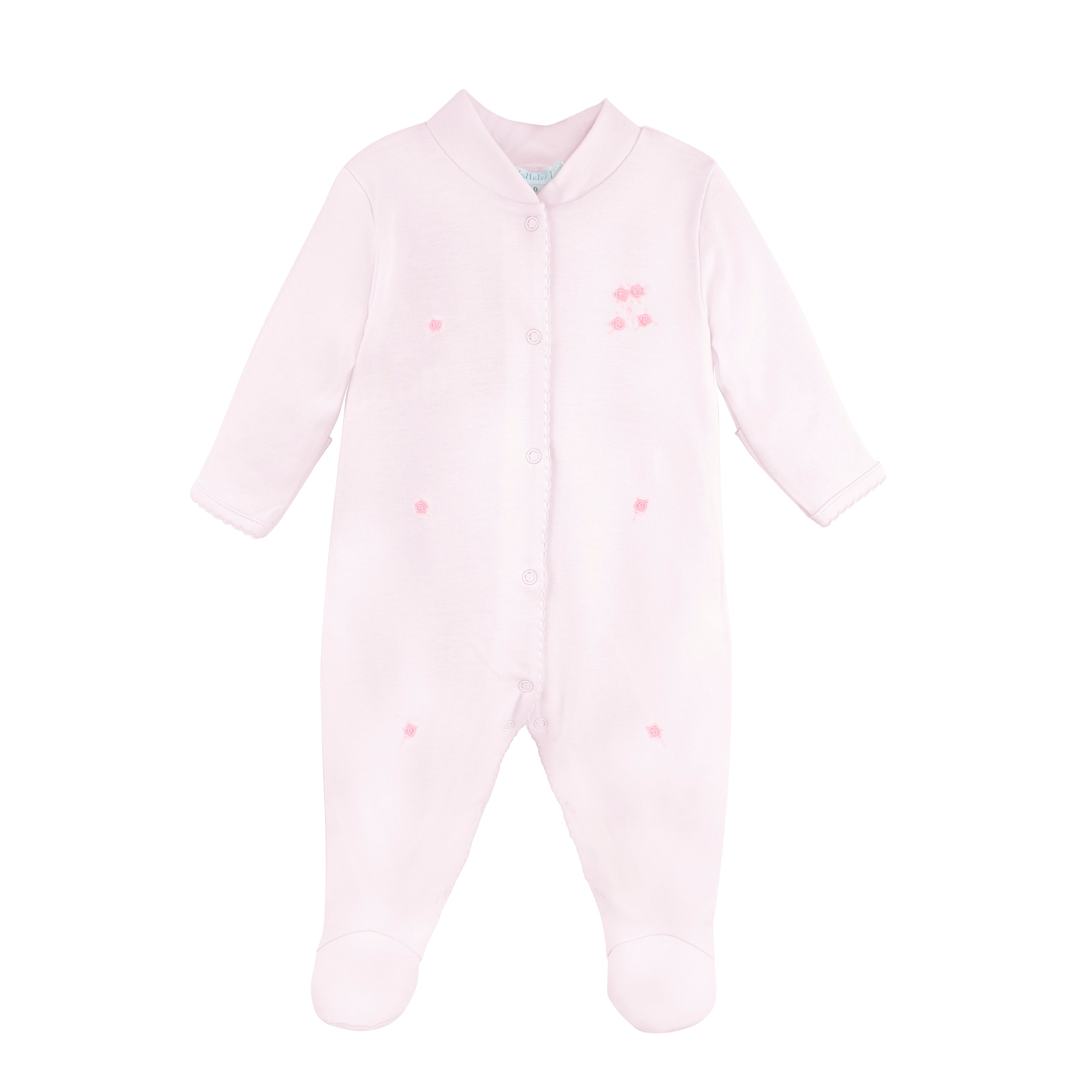 Soft pink footie for baby girls with romantic rosebud embroidery, handcrafted on premium Peruvian Pima cotton — perfect for a timeless, elegant look.